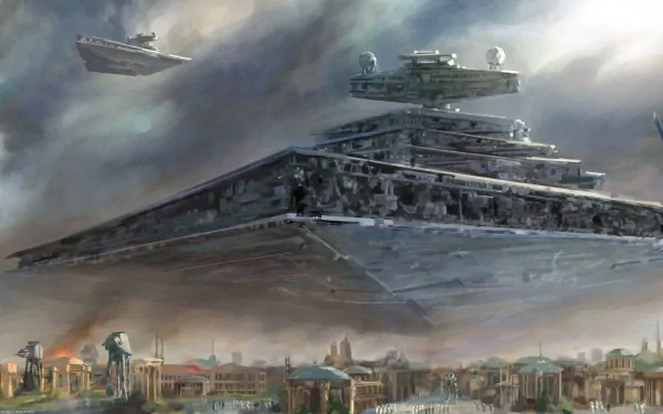 A dramatic HD wallpaper featuring a Star Destroyer from Star Wars, looming over a futuristic cityscape under a turbulent sky, epitomizing sci-fi action and adventure.