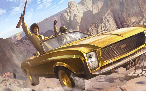 4K Ultra HD PC desktop wallpaper from PlayerUnknown's Battlegrounds: a player brandishing a Karabiner 98k while standing in a speeding yellow muscle car kicking up dust against rugged desert cliffs.