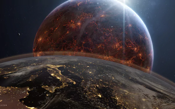 A stunning sci-fi planetscape showcases a fiery celestial body hovering over a beautifully lit Earth at night, creating a captivating HD PC desktop wallpaper background.