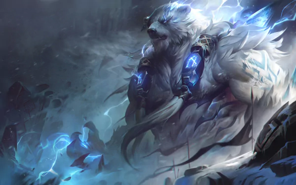 Volibear from League of Legends is depicted in a powerful stance surrounded by glowing blue energy in this 8K Ultra HD video game wallpaper.