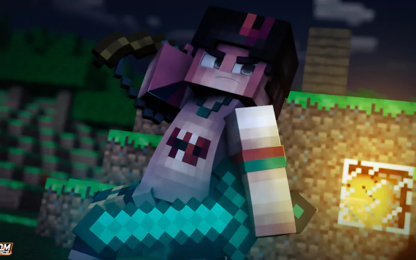 HD PC desktop wallpaper featuring a Minecraft character rendered with Cinema 4D, showcasing a pixelated Mojang-style video game aesthetic in a dynamic nighttime scene.