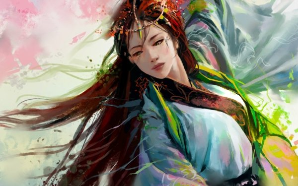 Fantasy Women Asian Long Hair Brown Hair Kimono HD Wallpaper | Background Image