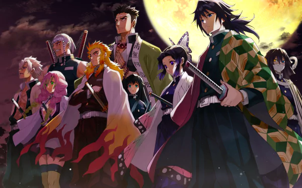HD wallpaper featuring characters Gyomei Himejima, Muichiro Tokito, Kyojuro Rengoku, Sanemi Shinazugawa, Shinobu Kochou, Giyuu Tomioka, Mitsuri Kanroji, Obanai Iguro, and Tengen Uzui from Demon Slayer: Kimetsu no Yaiba.