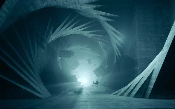 Control (video game) 2K Quad HD PC desktop wallpaper: teal-lit surreal vortex of floating furniture and jagged architectural shards converging on a glowing core.