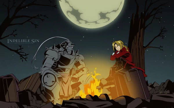 Alphonse and Edward Elric sit by a campfire under a full moon, surrounded by a desolate landscape, in this HD wallpaper from the anime *Fullmetal Alchemist*.