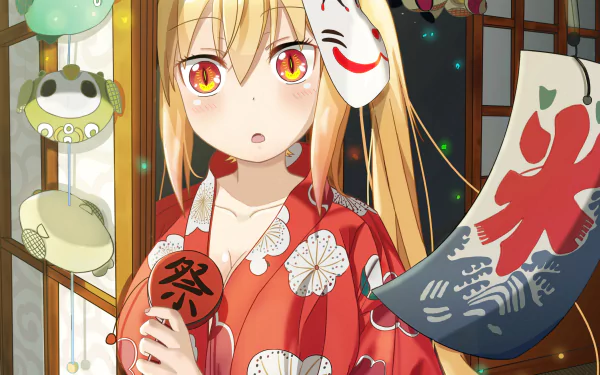 HD desktop wallpaper featuring Tohru from the anime Miss Kobayashi's Dragon Maid. Tohru is depicted in traditional attire, surrounded by festive decorations.