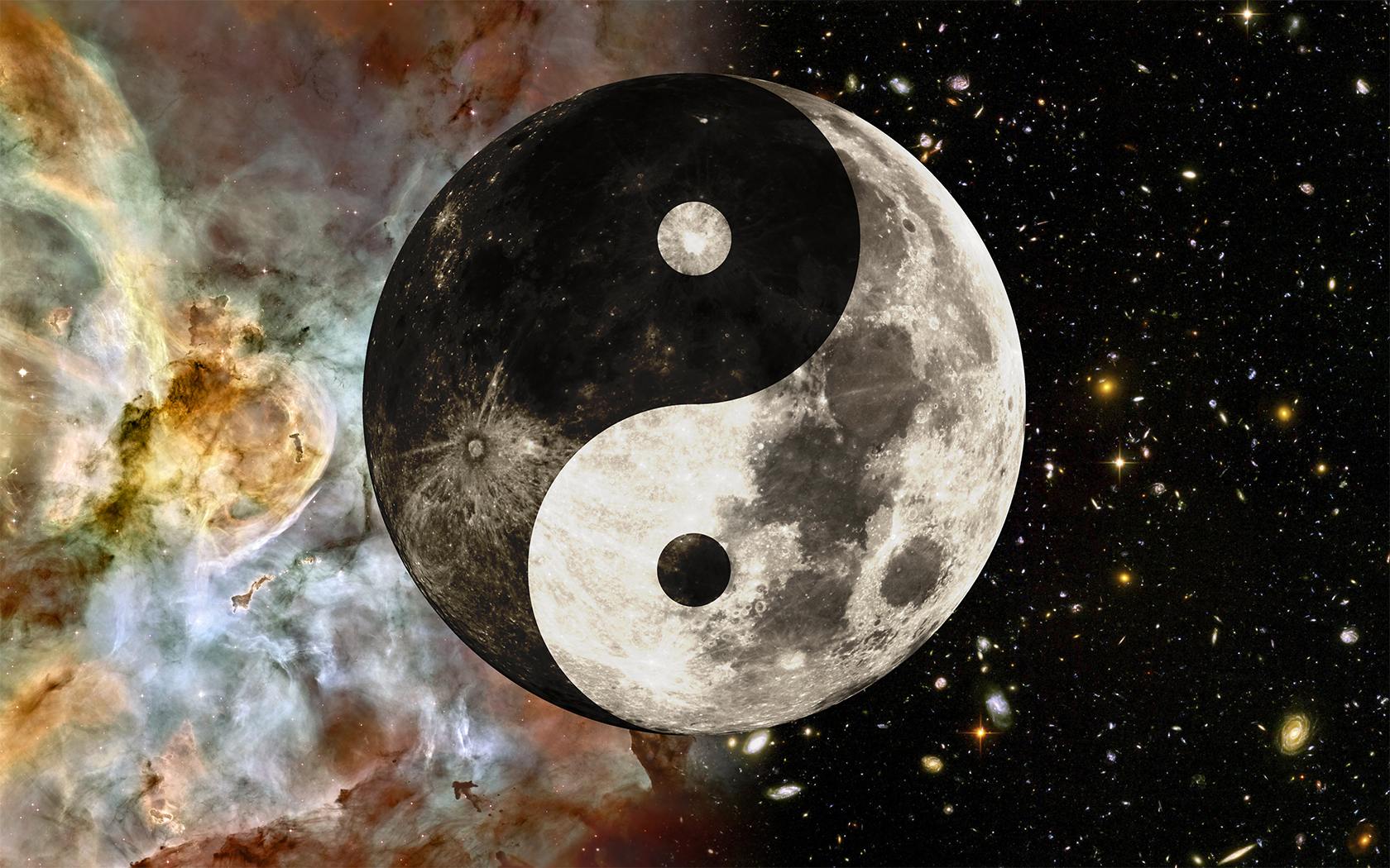 Yin & Yang moon art, space-themed desktop wallpaper.
