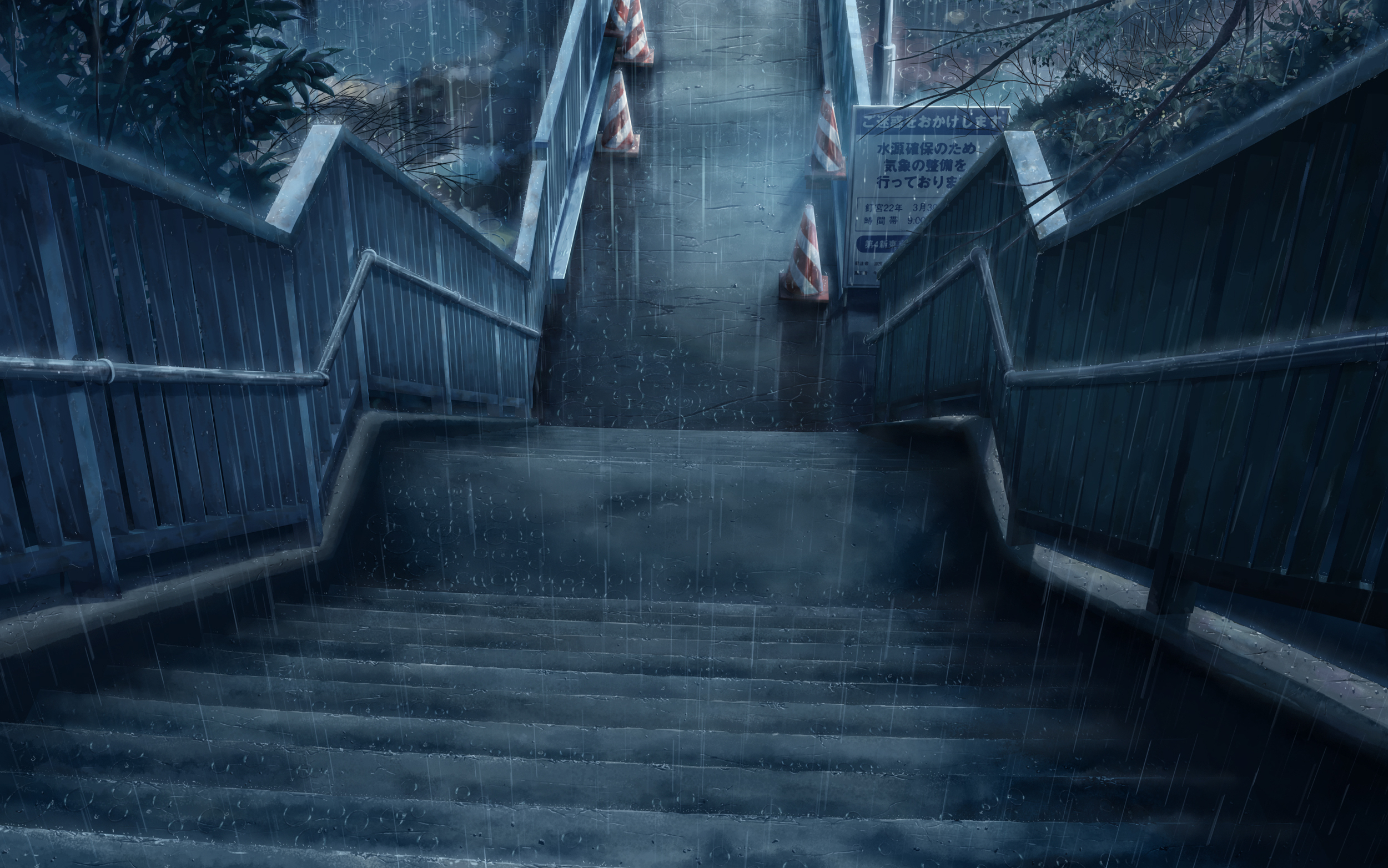 Rain-soaked stairs leading to a scenic destination.