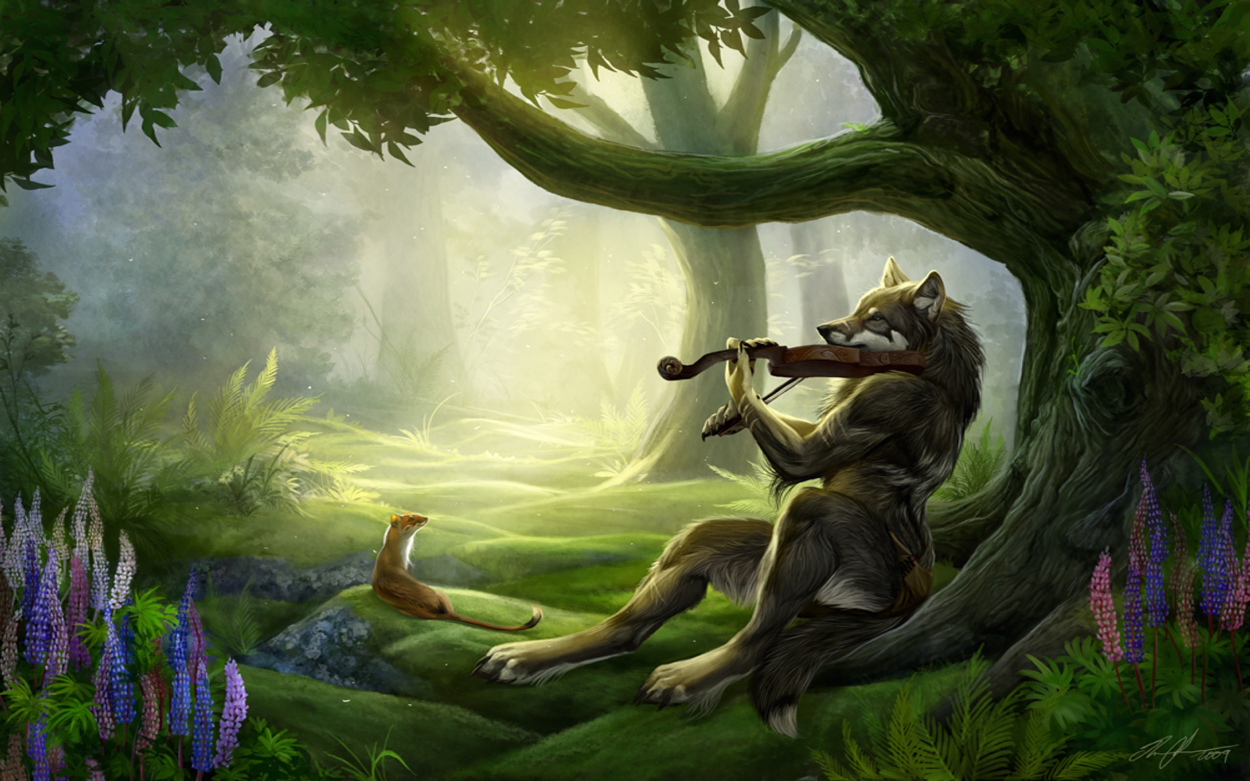 Playing In Nature desktop wallpaper by Therese Larsson, depicting a fantasy scene of a wolf playing a violin in a forest with a tree.