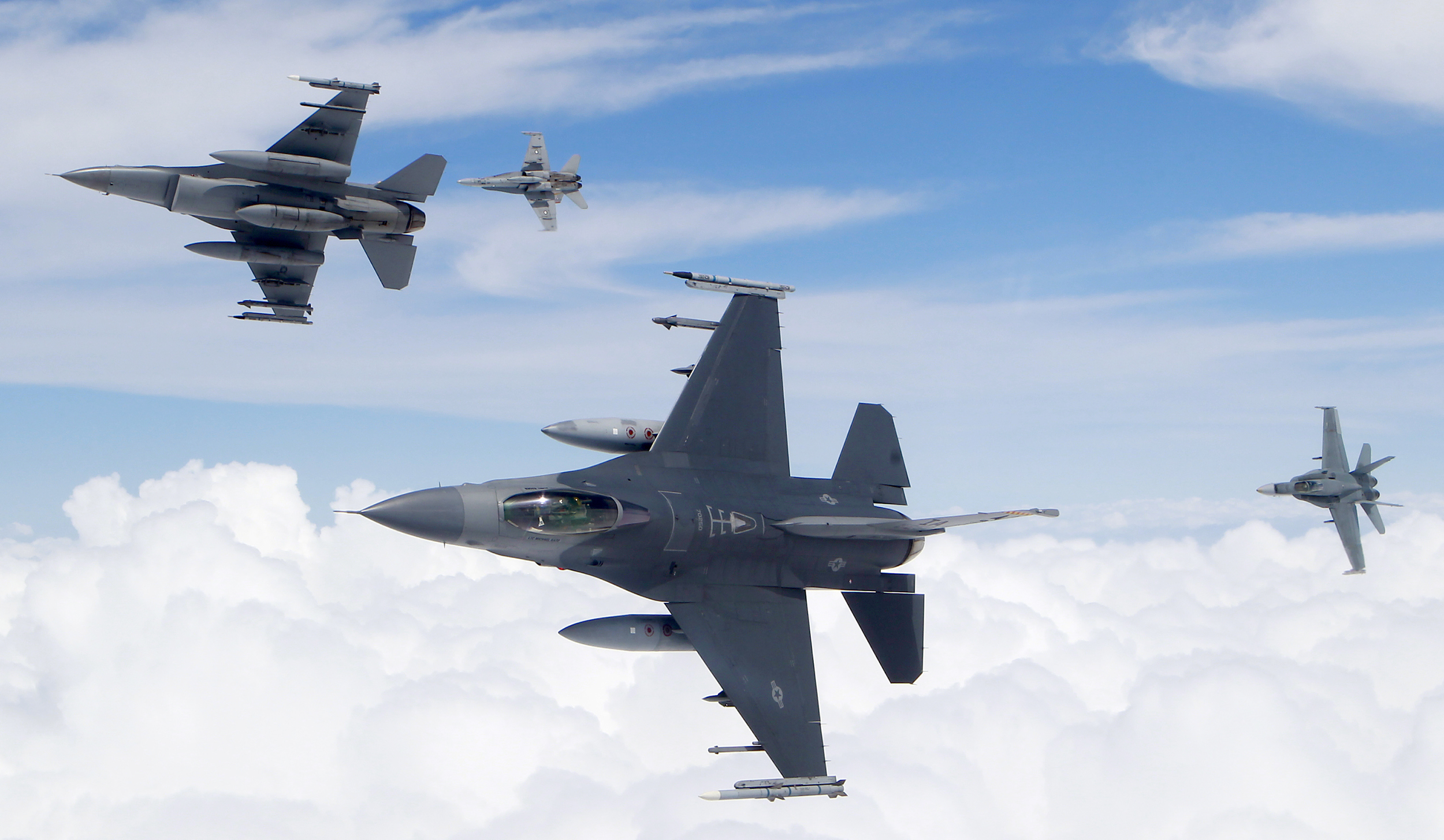 F-16 Fighting Falcon and F/A-18 Hornet jet fighters in a military wallpaper.