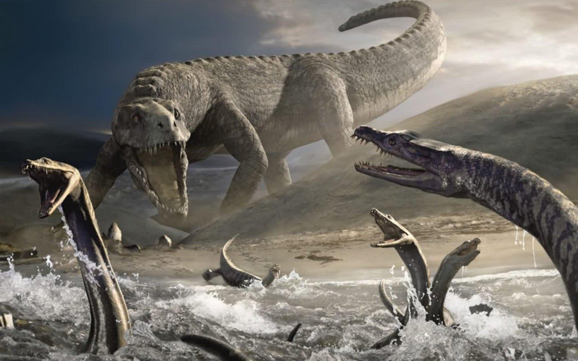 T-Rex battling Loch Ness Monster in epic showdown - desktop wallpaper.
