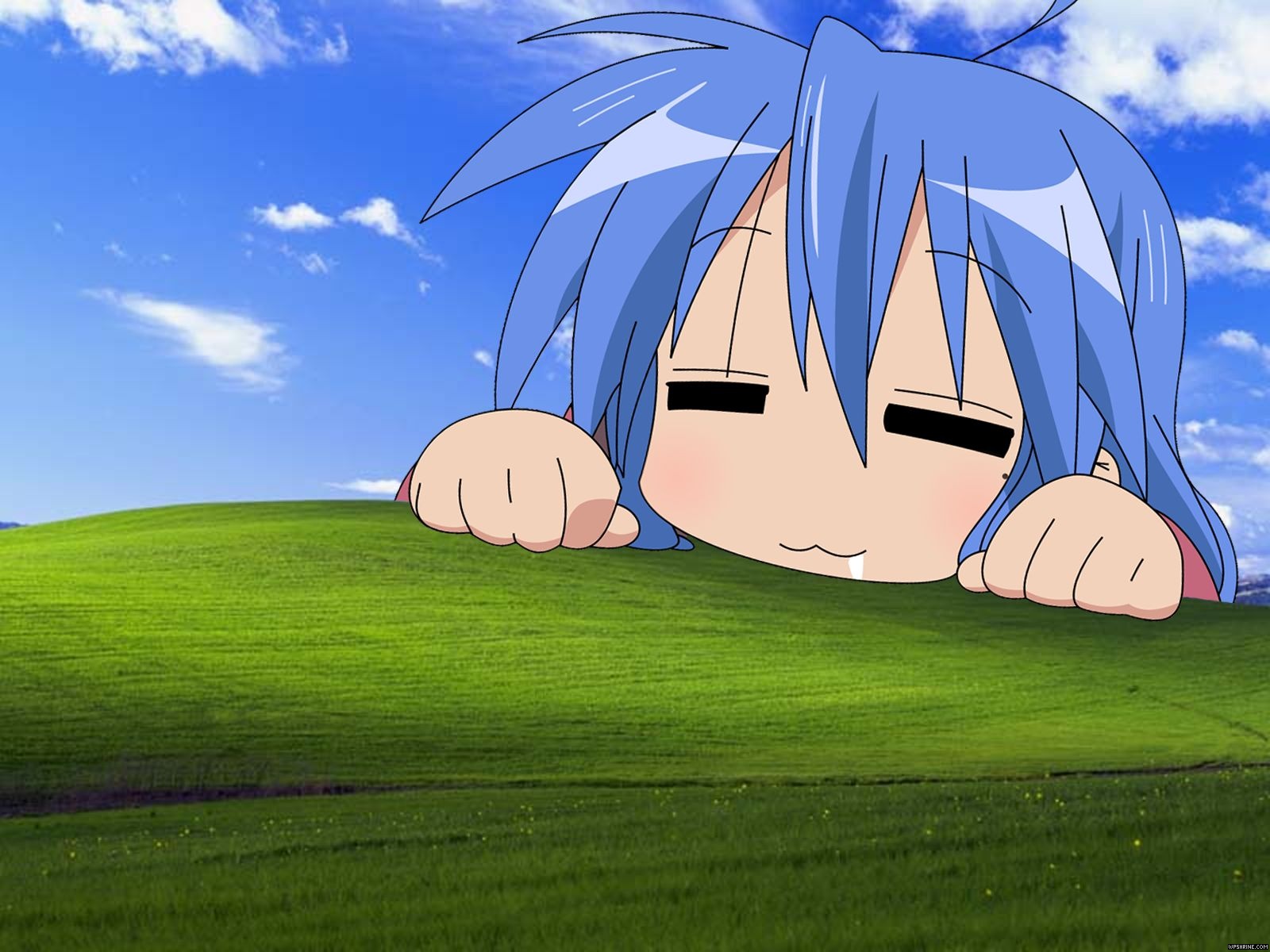 Anime character from Lucky Star sitting in a grassy field.