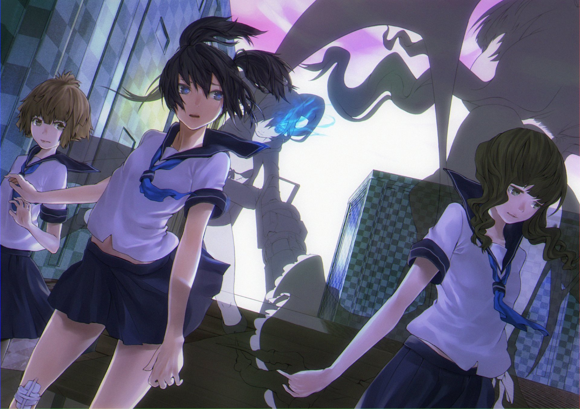 HD anime wallpaper featuring Yuu Koutari, Yomi Takanashi, Mato Kuroi, and Dead Master from Black Rock Shooter in a dynamic, dark-themed setting.