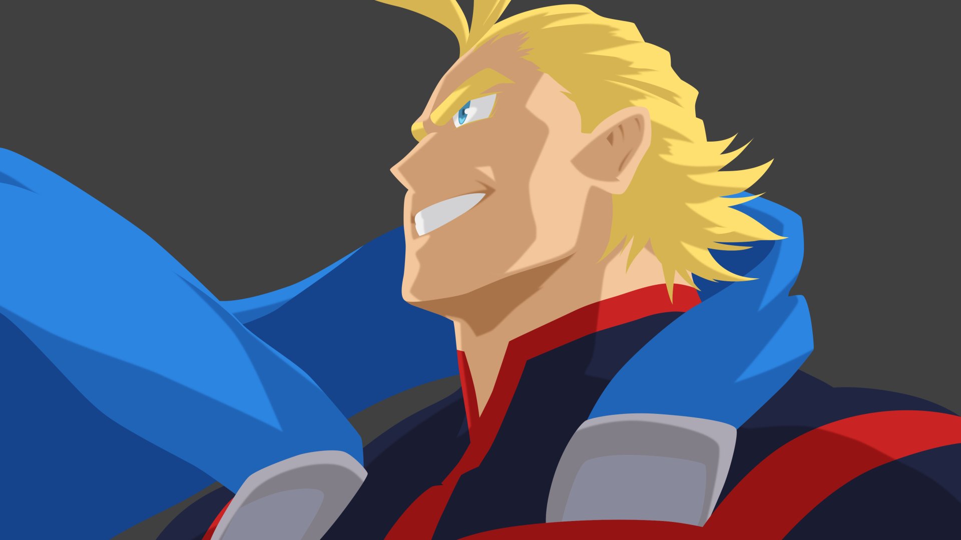 All Might (My Hero Academia) heroic profile with blazing grin and blue cape — 4K Ultra HD anime PC desktop wallpaper/background.