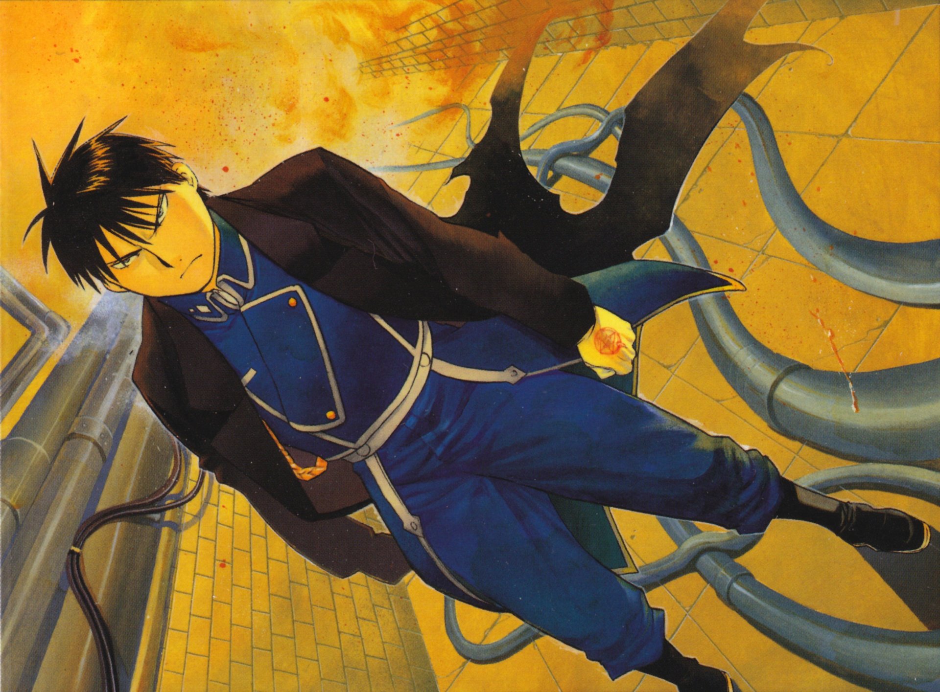 Roy Mustang (Fullmetal Alchemist) in blue military coat, flame-sparking glove, walking amid yellow brick and alchemical pipes — anime 2K Quad HD PC desktop wallpaper background.