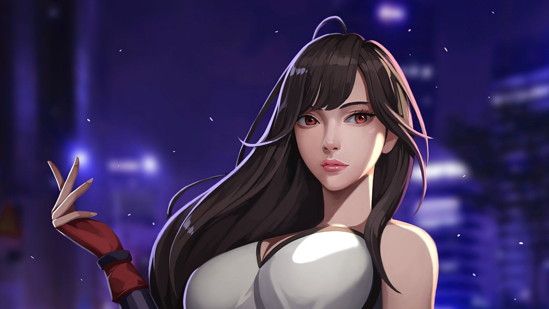 4K Ultra HD wallpaper featuring Tifa Lockhart from Final Fantasy VII Remake with brown hair and red eyes, set against a glowing cityscape background.