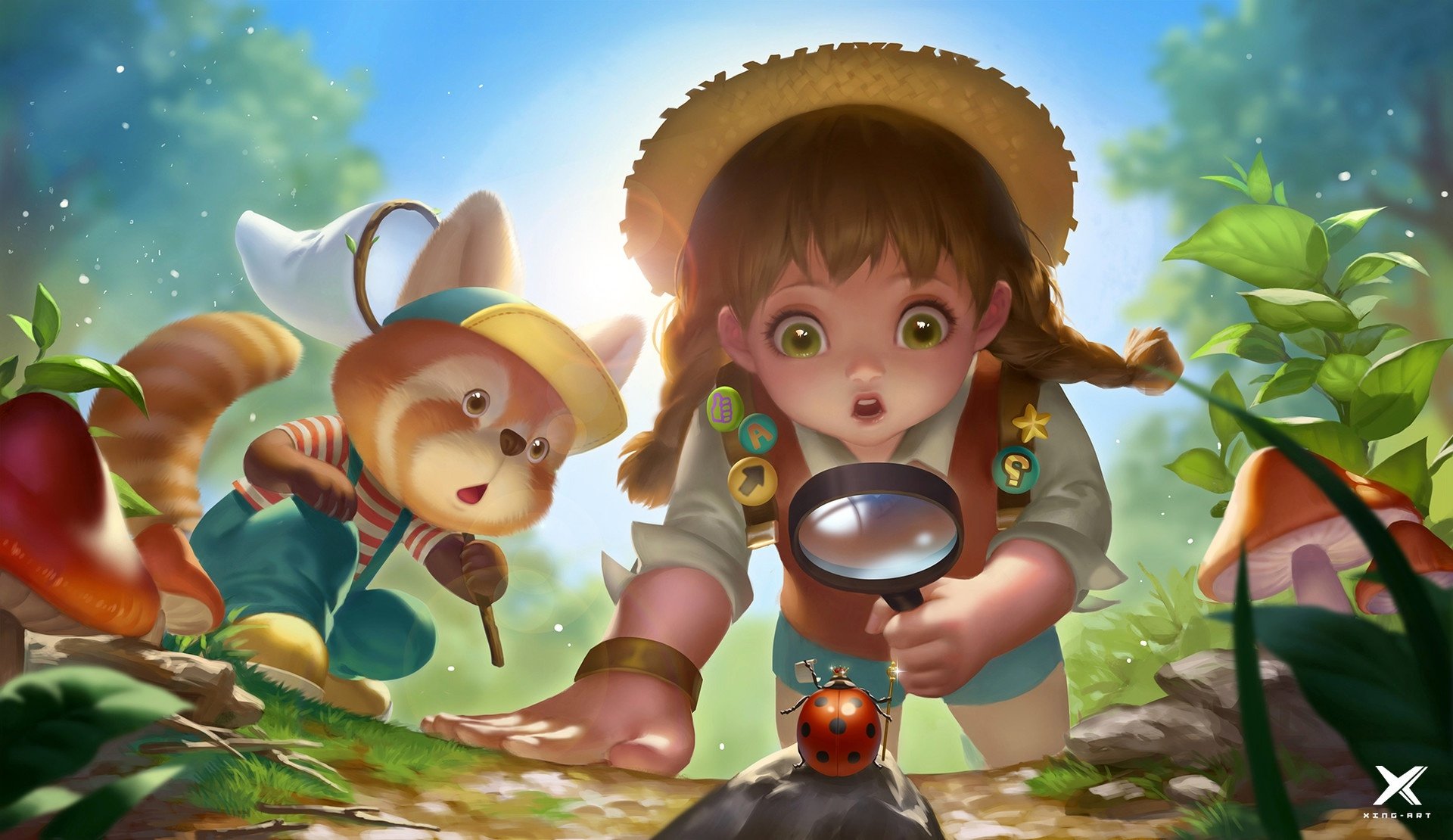 A little girl in a straw hat and overalls examines a ladybug with a magnifying glass in a vibrant fantasy forest, accompanied by a curious anthropomorphic cat.