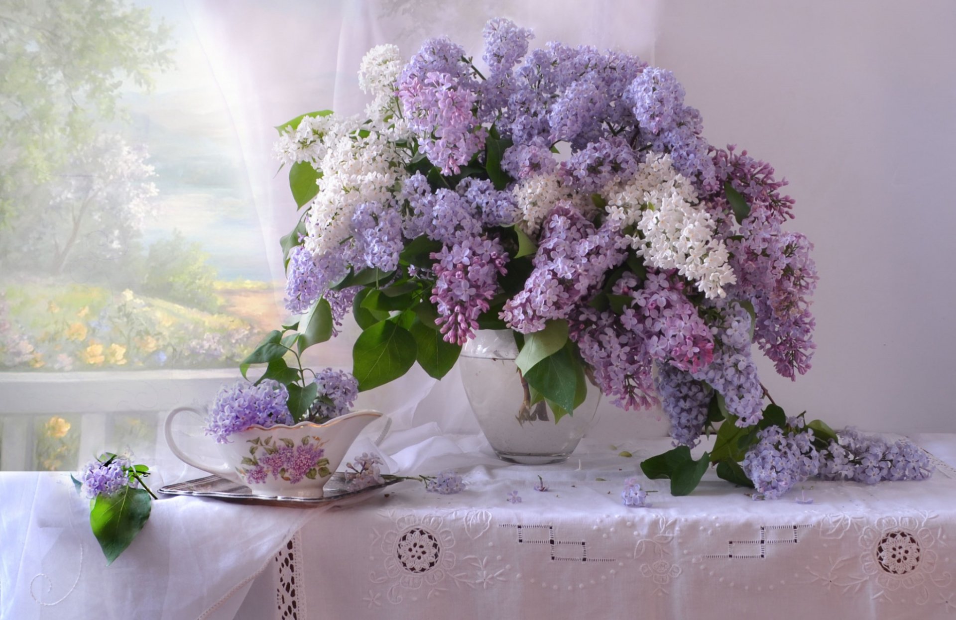 Download Saucer White Flower Purple Flower Lilac Photography Still Life HD Wallpaper
