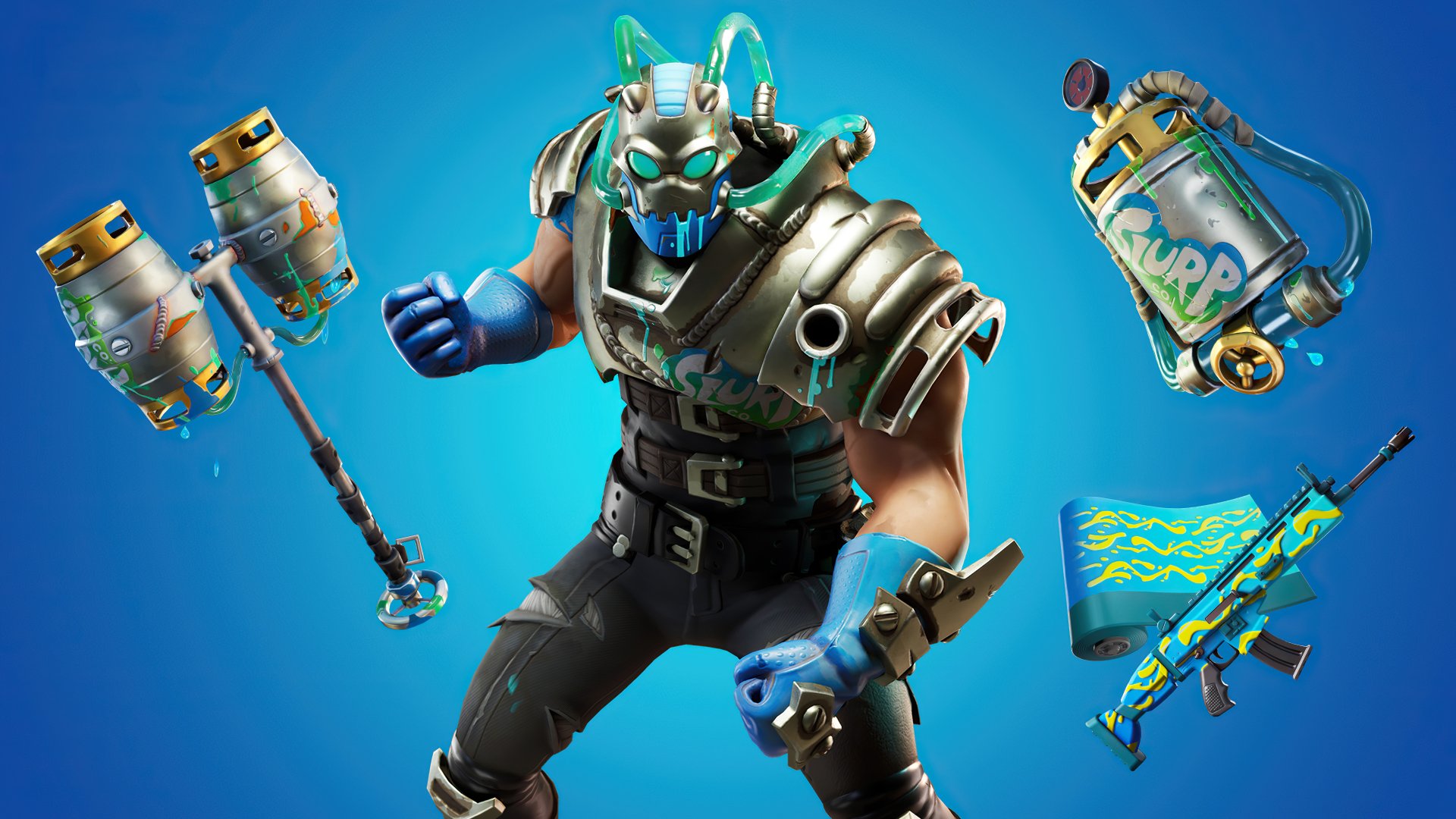 4K Ultra HD Fortnite PC desktop wallpaper featuring a futuristic armored character with glowing blue eyes, surrounded by themed weapons and gear against a blue background.