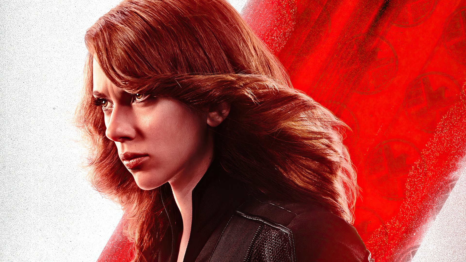 4K Ultra HD PC wallpaper featuring Scarlett Johansson as Natasha Romanoff from the movie Black Widow, with intense expression against a bold red background.