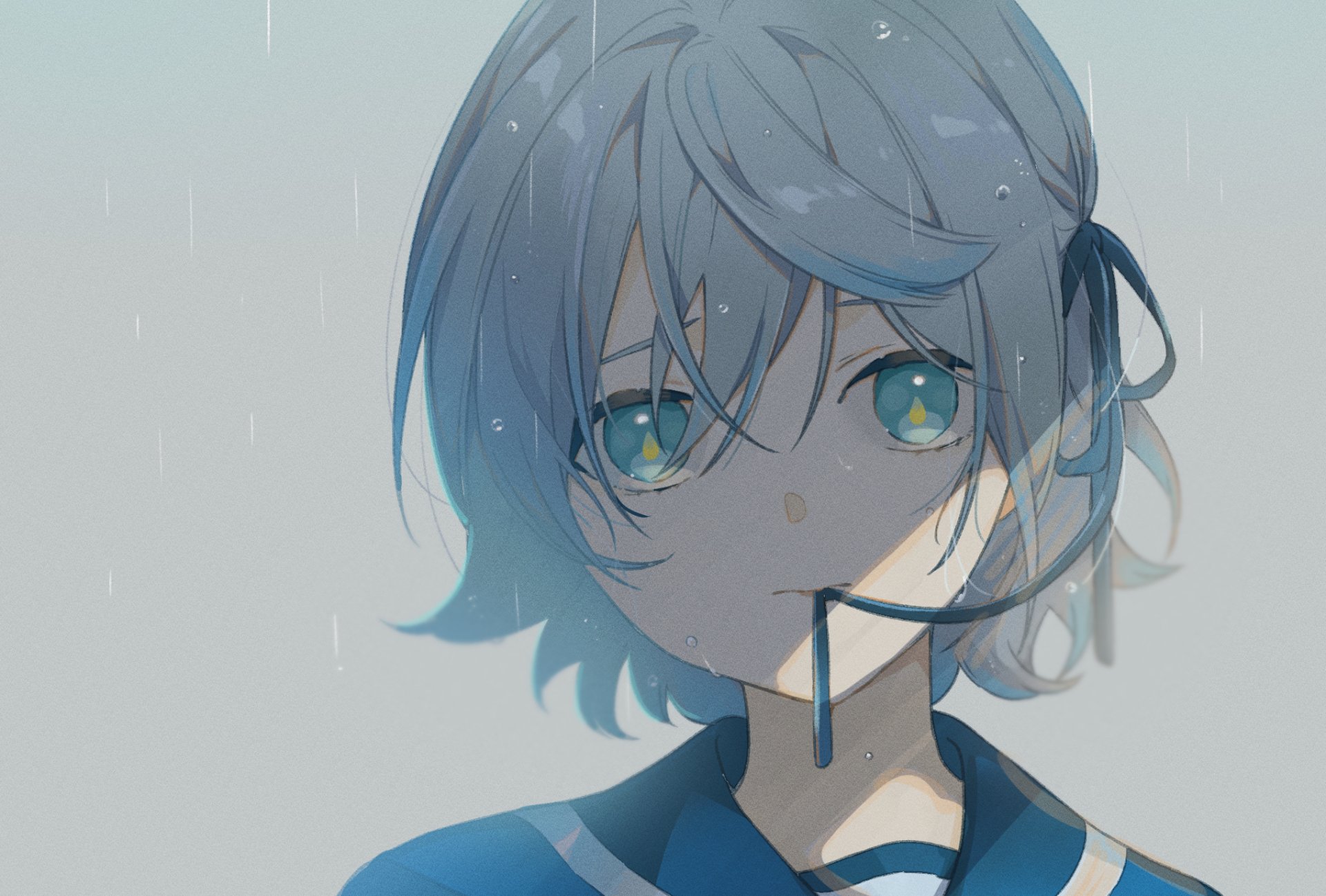 HD anime original desktop wallpaper featuring a close-up of a blue-haired character with glowing eyes in a rainy, muted background.