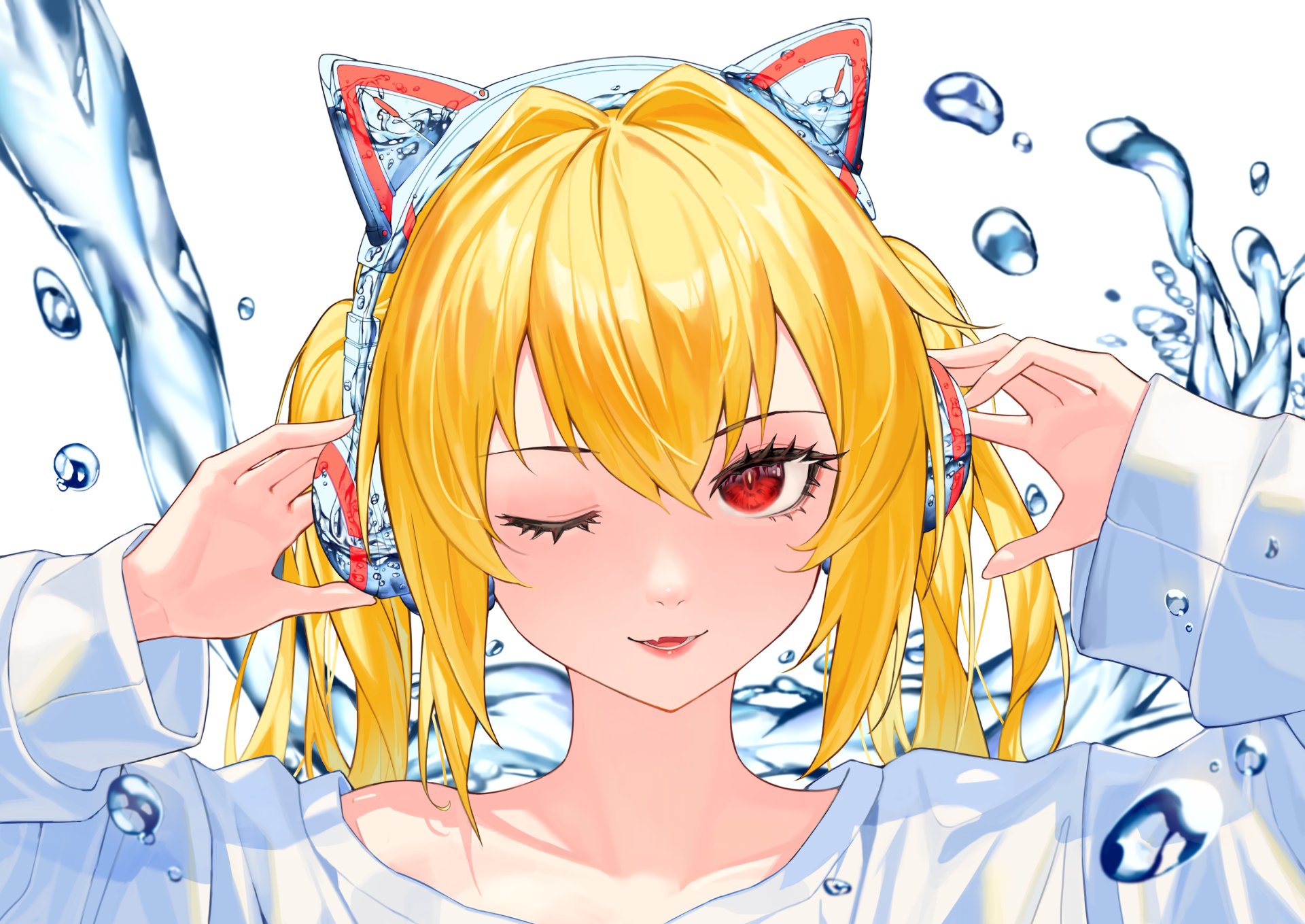 Anime-style blonde character with red eyes winking, wearing cat-ear headphones, surrounded by splashing water, featured as an HD PC desktop wallpaper background.