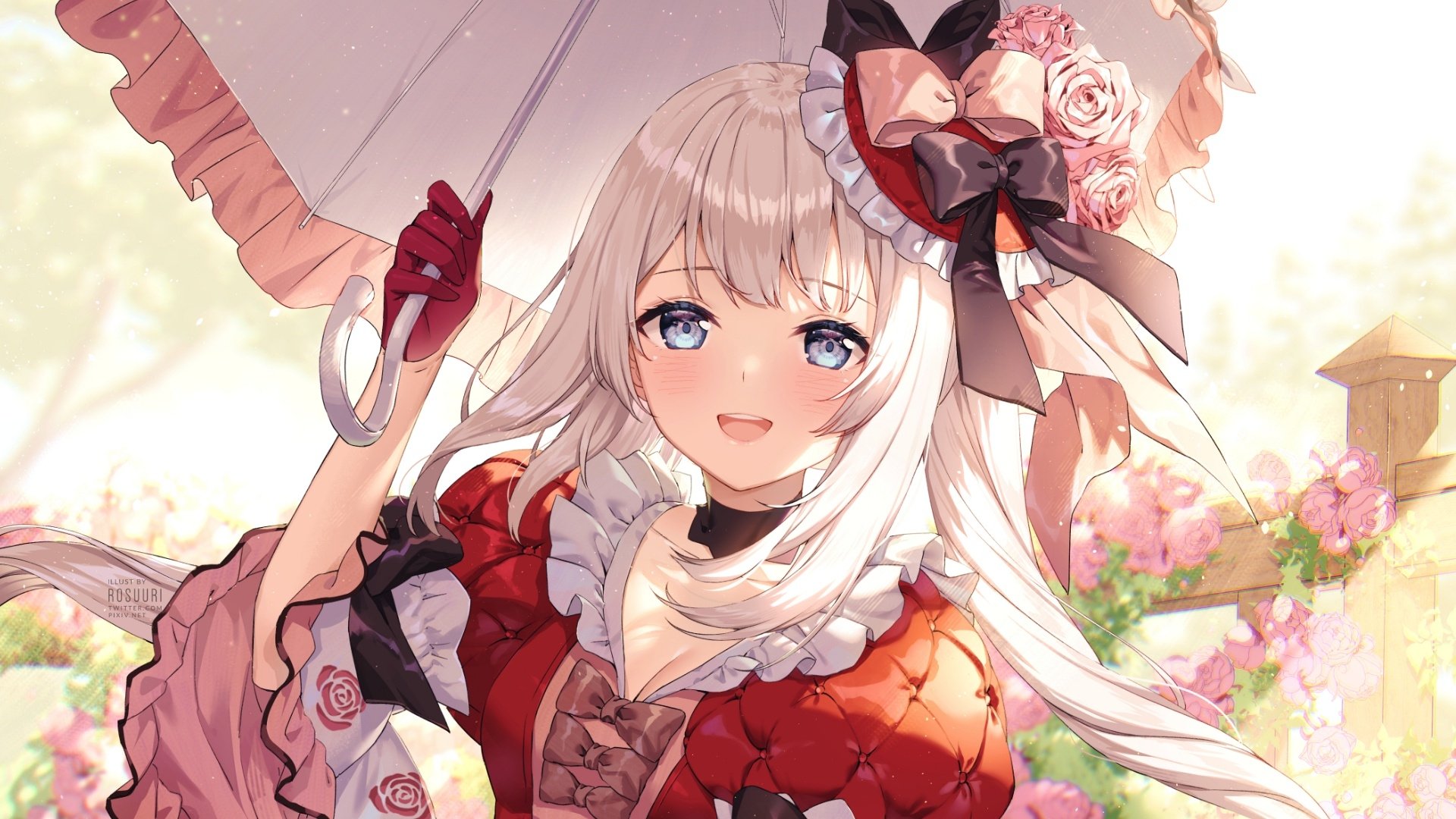 HD anime wallpaper of Marie Antoinette from Fate/Grand Order with long white hair, blue eyes, wearing an elegant red dress and holding a parasol amidst a floral background.