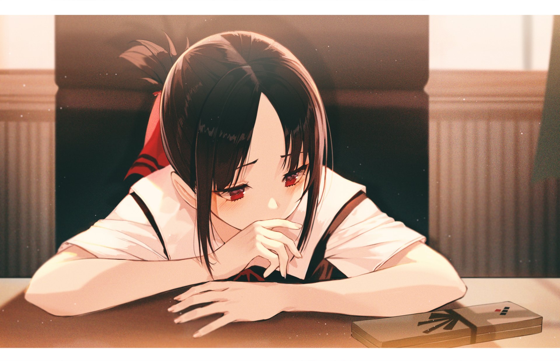 HD PC wallpaper featuring Kaguya Shinomiya from Kaguya-sama: Love is War, depicted in a sad, reflective moment in anime style.