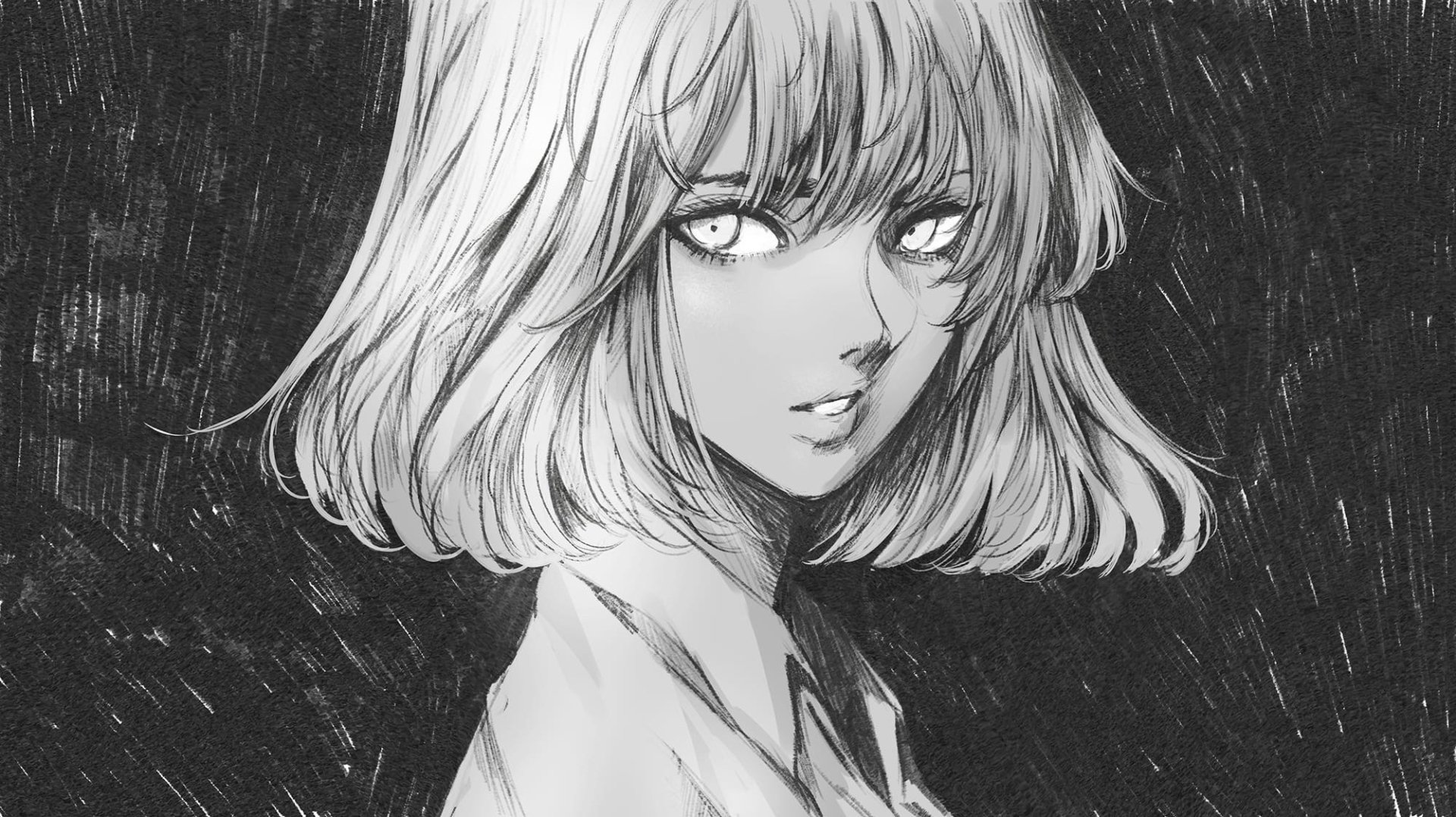 Monochrome anime girl with short hair and intense eyes, rendered in detailed black-and-white style, designed as an HD PC desktop wallpaper background.