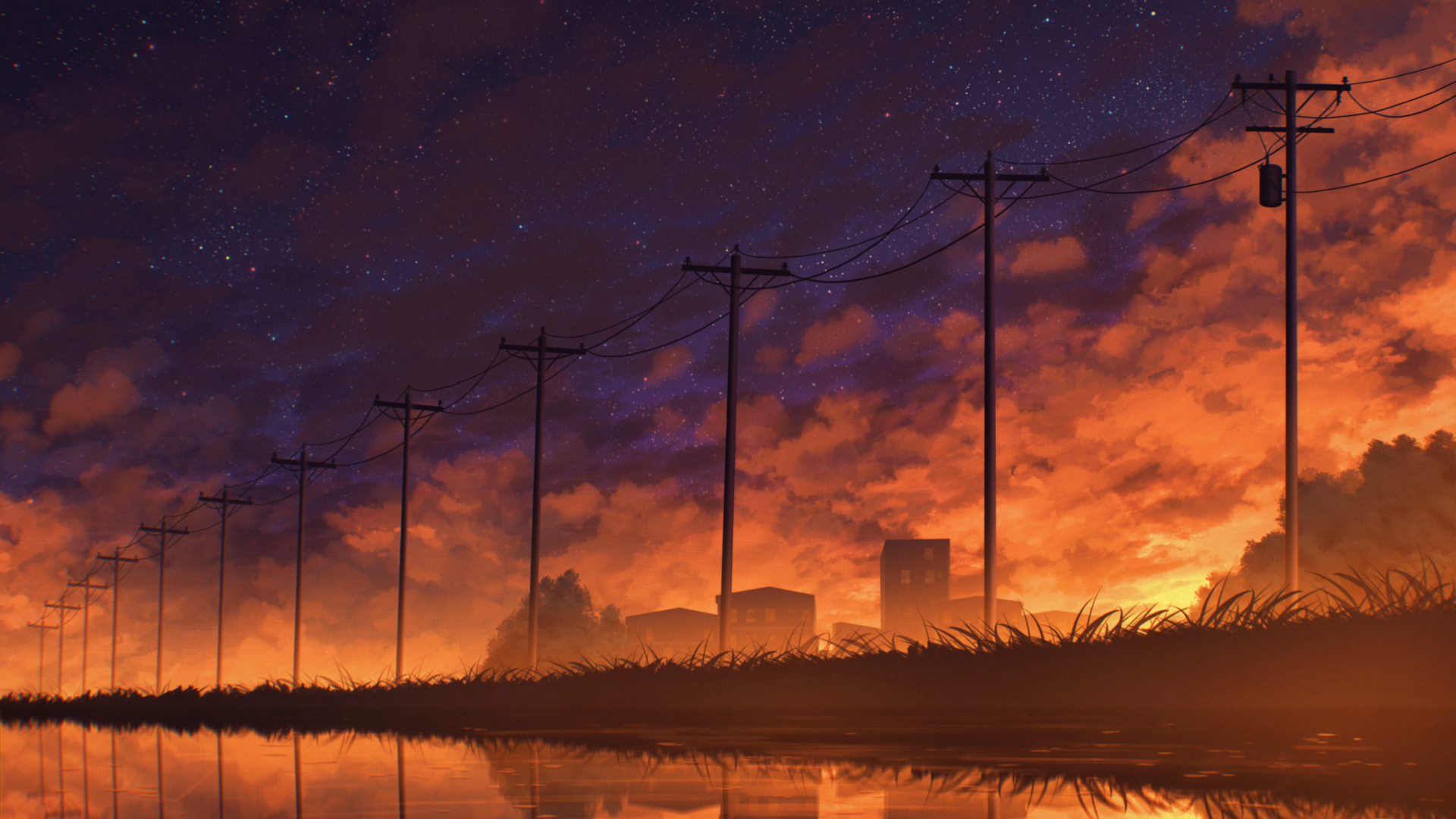 HD anime-style desktop wallpaper depicting a vibrant sunset sky transitioning to a starry night, with silhouetted power lines and a reflective water surface below.