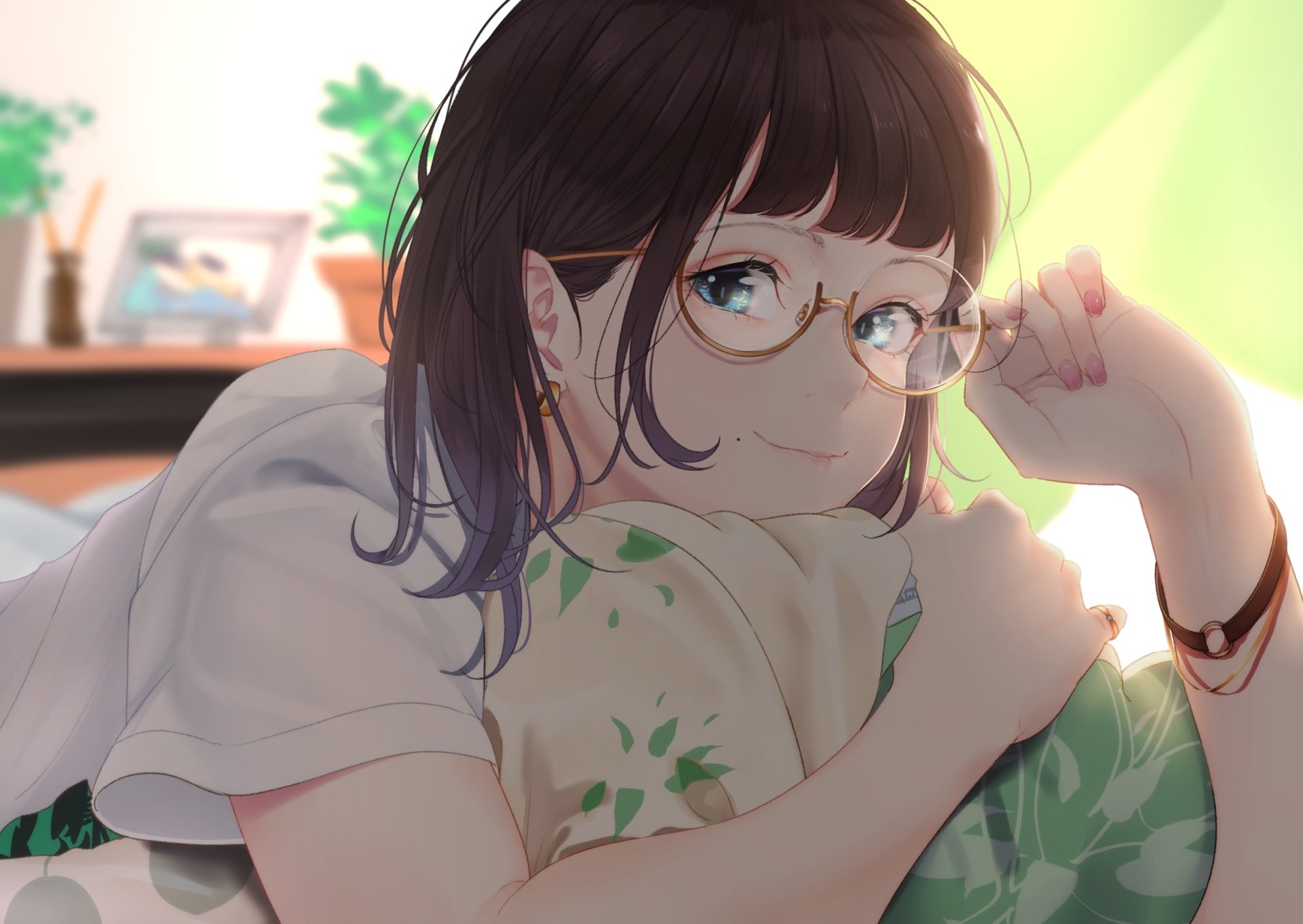 Anime-style HD desktop wallpaper featuring a character with black hair, blue eyes, and glasses, set in a cozy, softly lit indoor environment.