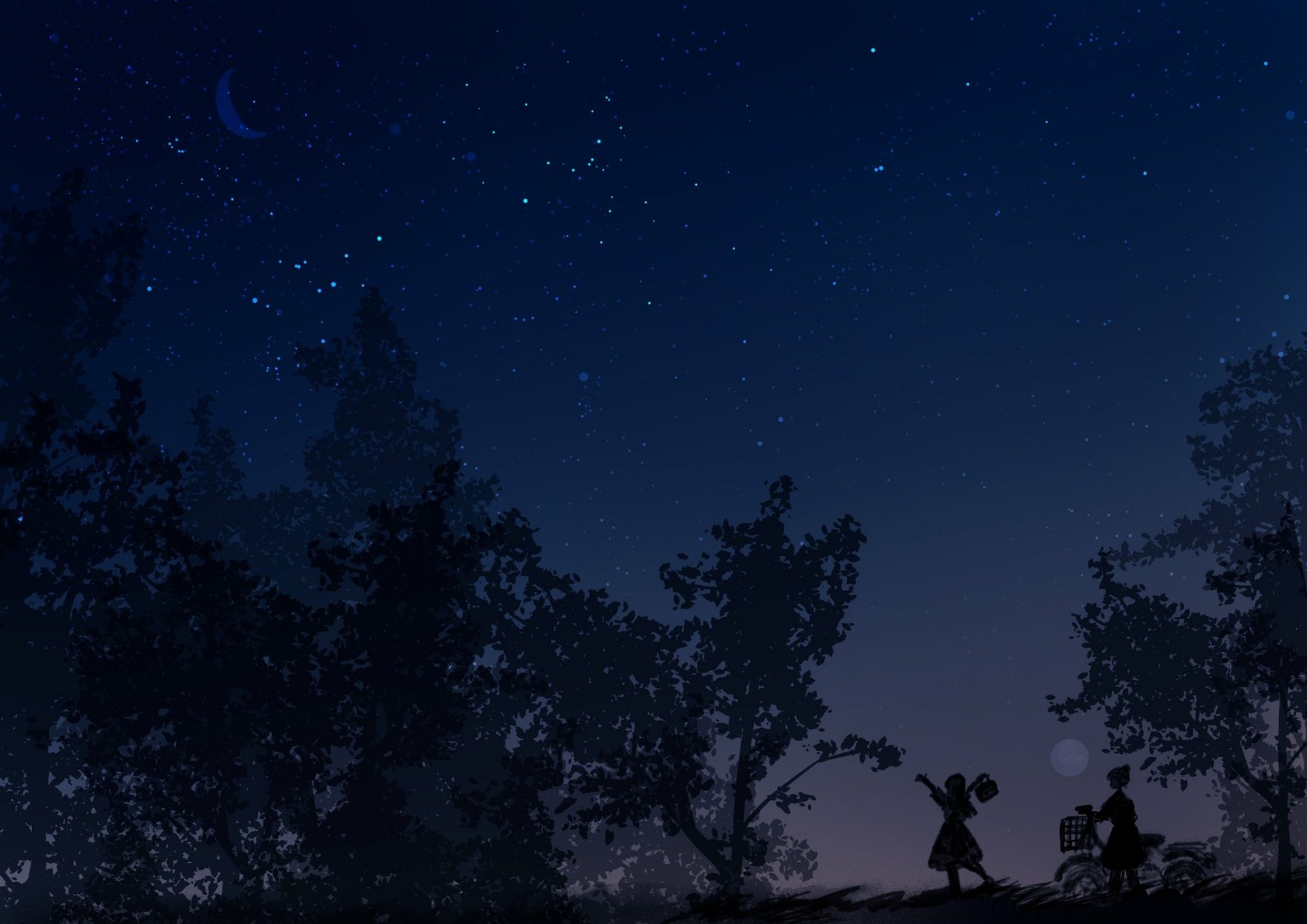 Anime night scene with starry sky and silhouetted trees, captured in HD for a PC desktop wallpaper and background.