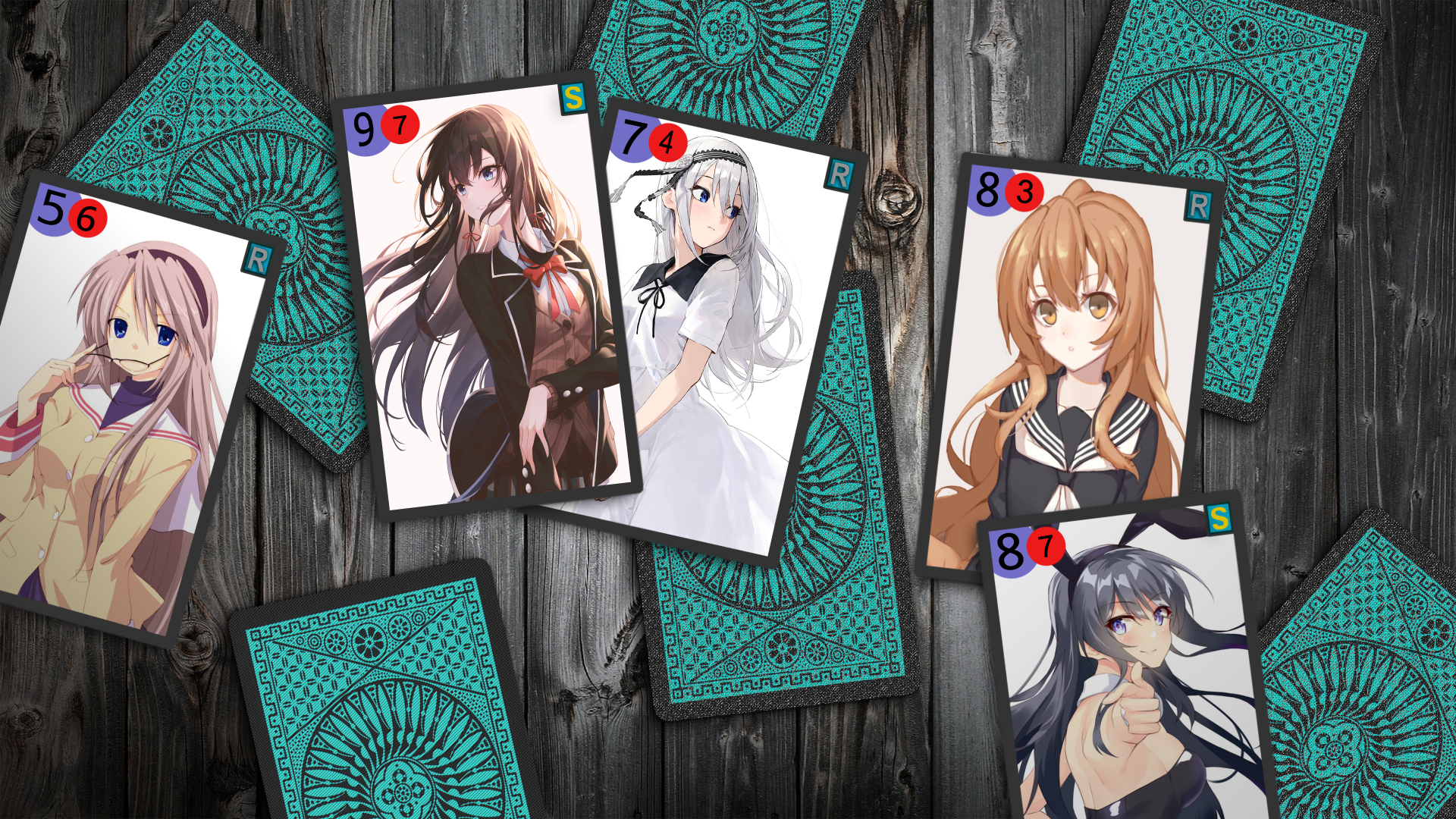 4K Ultra HD anime crossover desktop wallpaper featuring cards of Kei Shirogane, Tomoyo Sakagami, Taiga Aisaka, Yukino Yukinoshita, and Mai Sakurajima in school uniforms with diverse hair and eye colors.