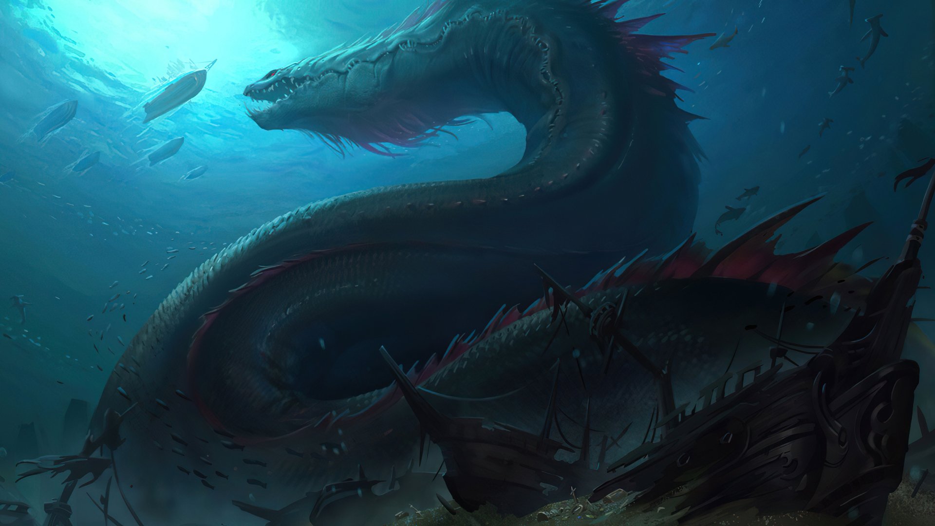 4K Ultra HD Legends of Runeterra PC wallpaper depicting a massive sea serpent rising from dark ocean waters beneath a glowing moonlit sky.