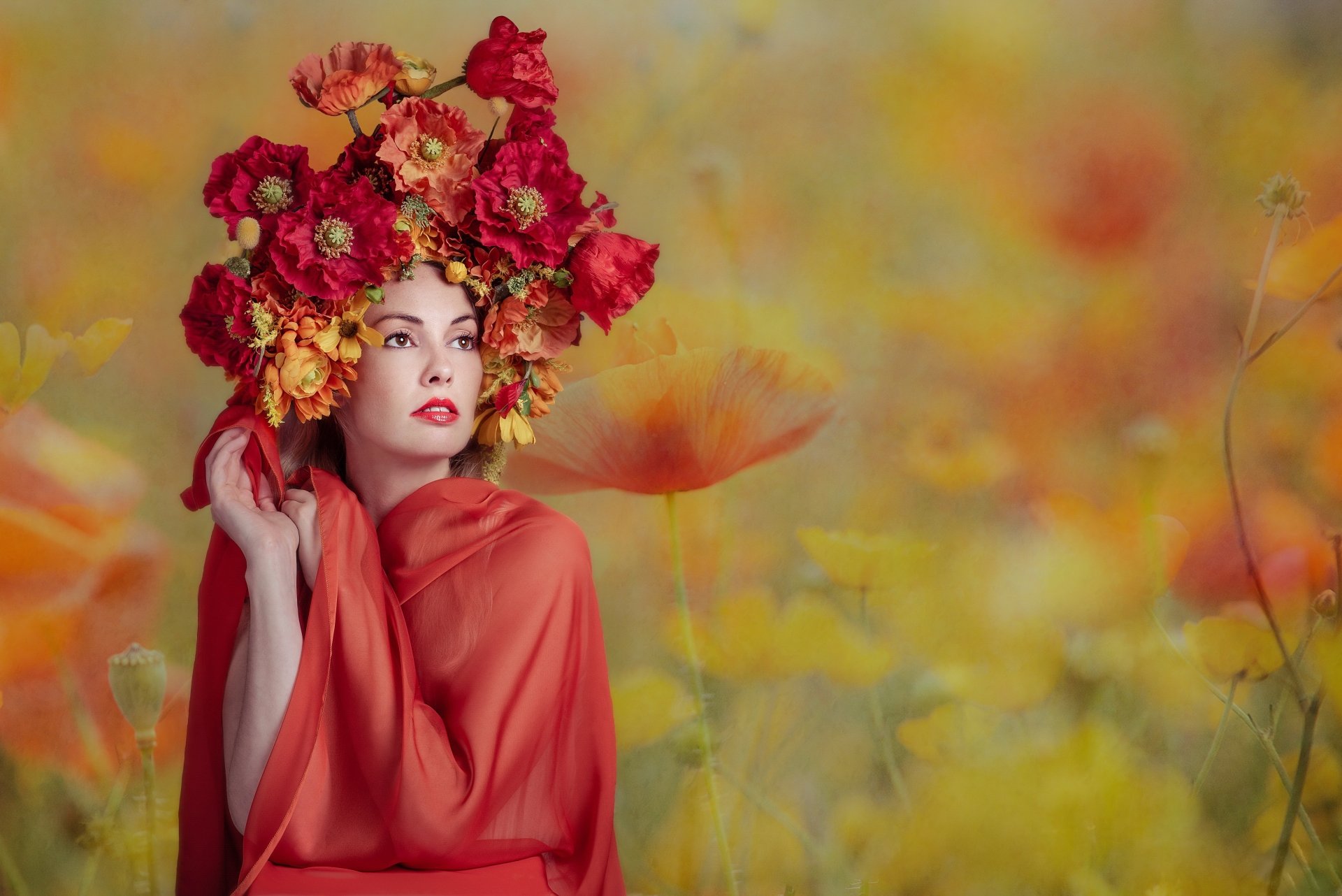 Download Headdress Lipstick Flower Woman Model 4k Ultra HD Wallpaper