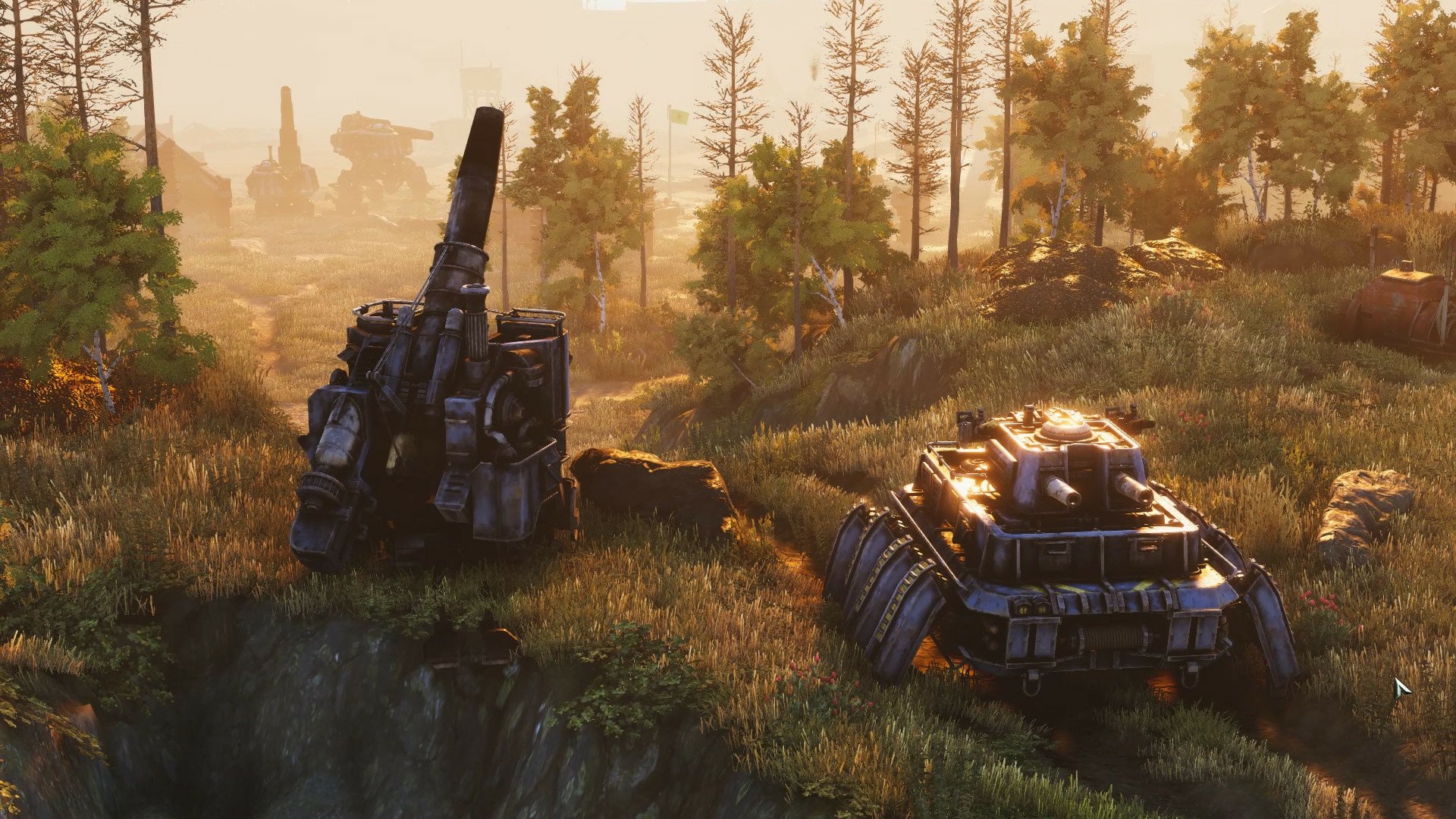 HD desktop wallpaper of Iron Harvest featuring mechs on a battlefield at dawn with trees and ruins in the background.