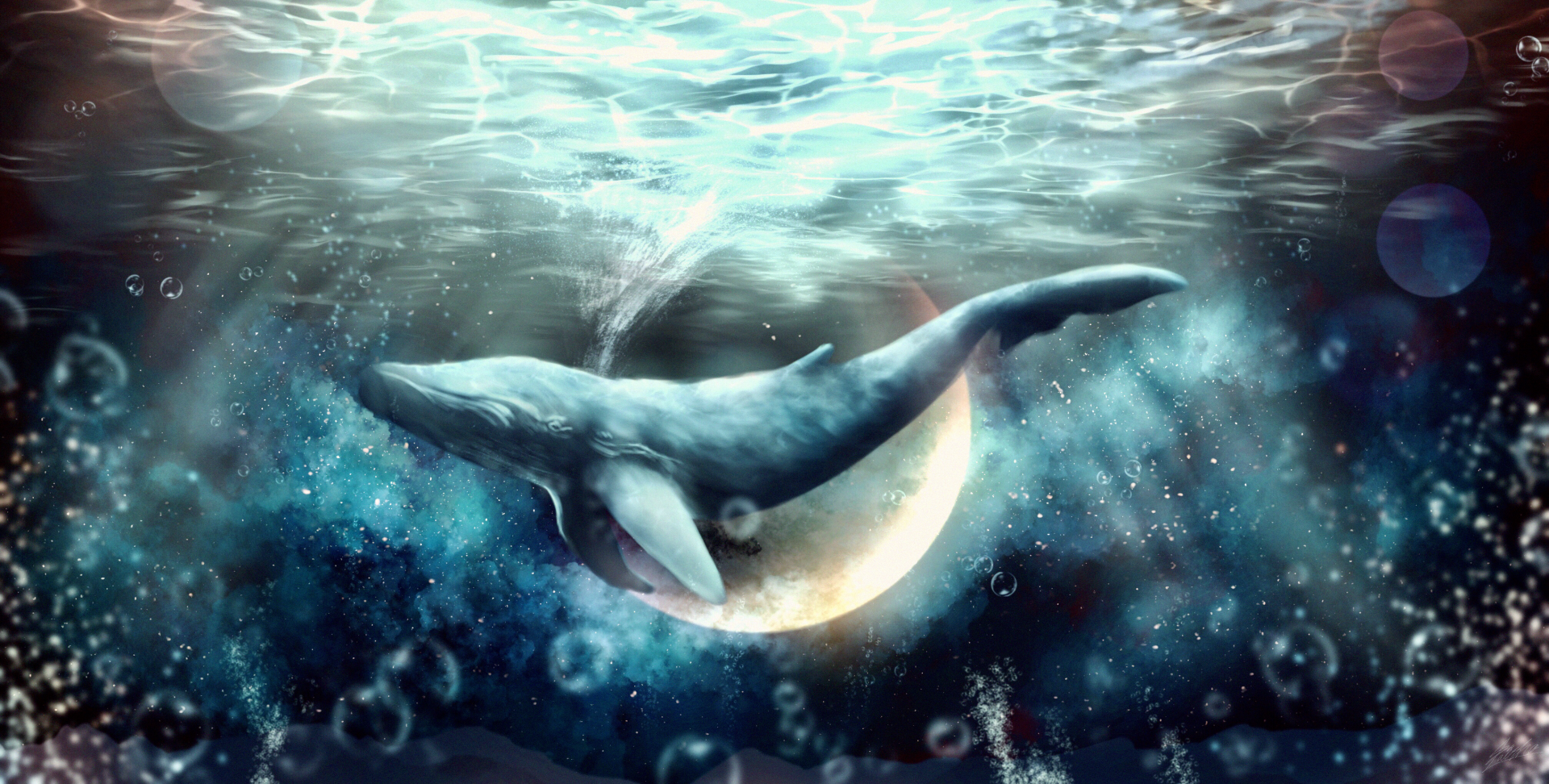 Anime-style HD desktop wallpaper depicting a whale swimming underwater at night with the moon glowing behind, blending elements of water, animal, and night themes.