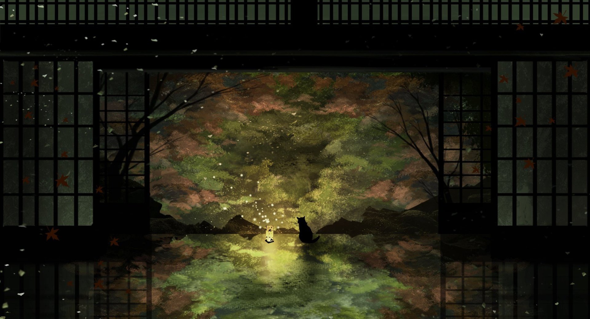 Anime-style HD original desktop wallpaper depicting a serene, reflective water scene viewed through traditional sliding doors at dusk.