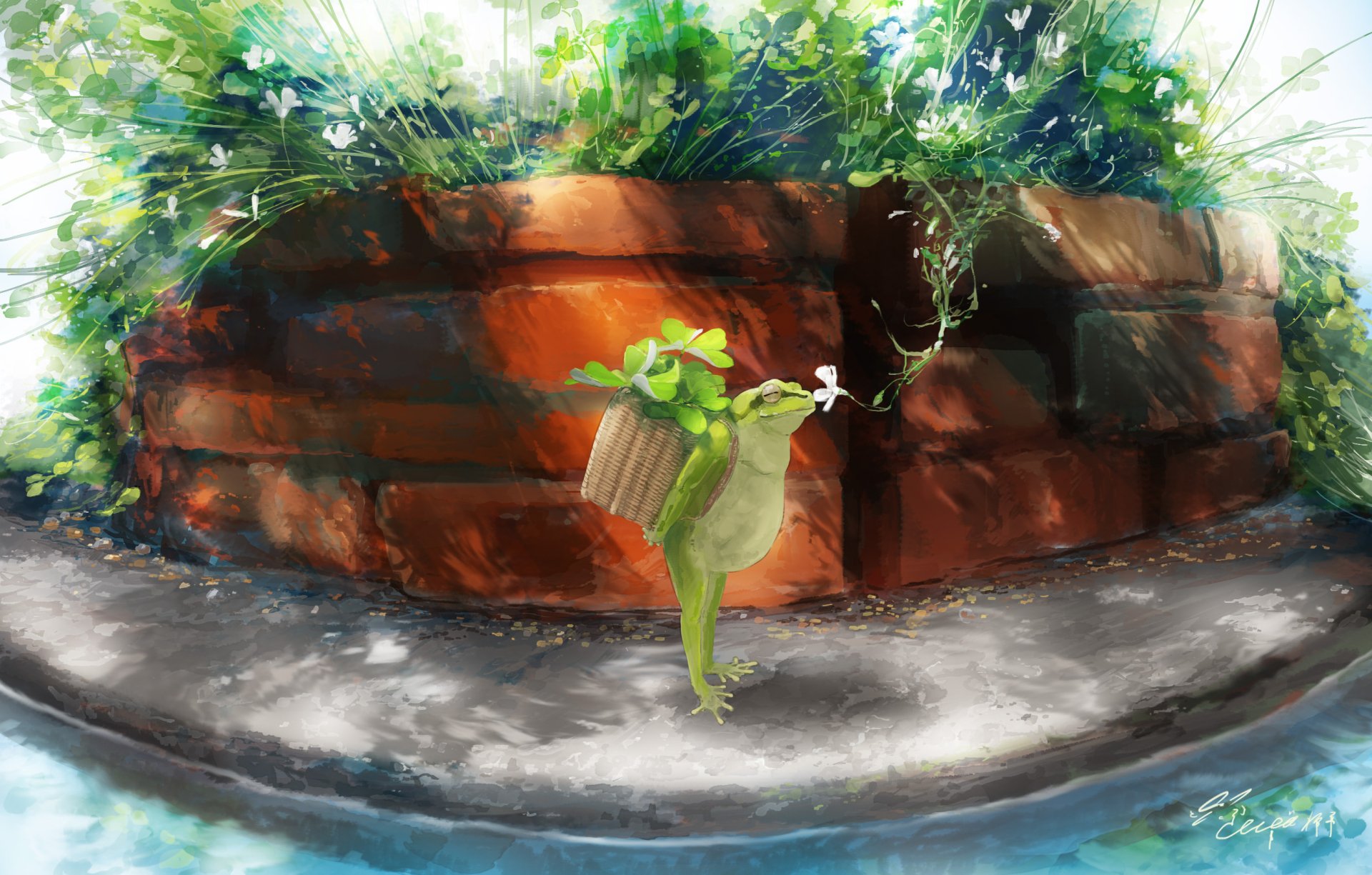 Anime-style image of a frog holding clover leaves, standing on water near a brick wall surrounded by greenery, rendered in HD for a PC desktop wallpaper.