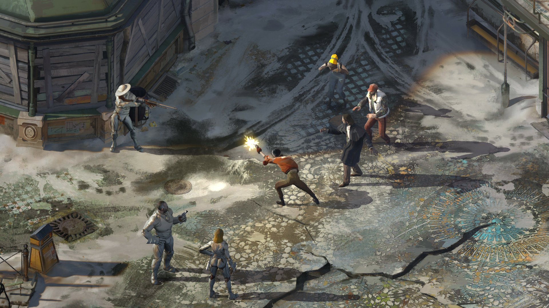 HD wallpaper from Disco Elysium showcasing characters in an intense scene with firearms drawn.
