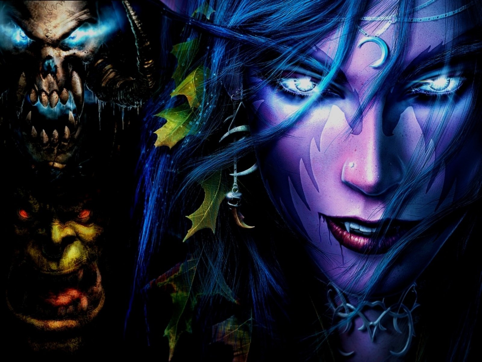 A vivid HD wallpaper showcasing characters from World of Warcraft, featuring a fierce figure with glowing eyes and intricate details against a dark background.