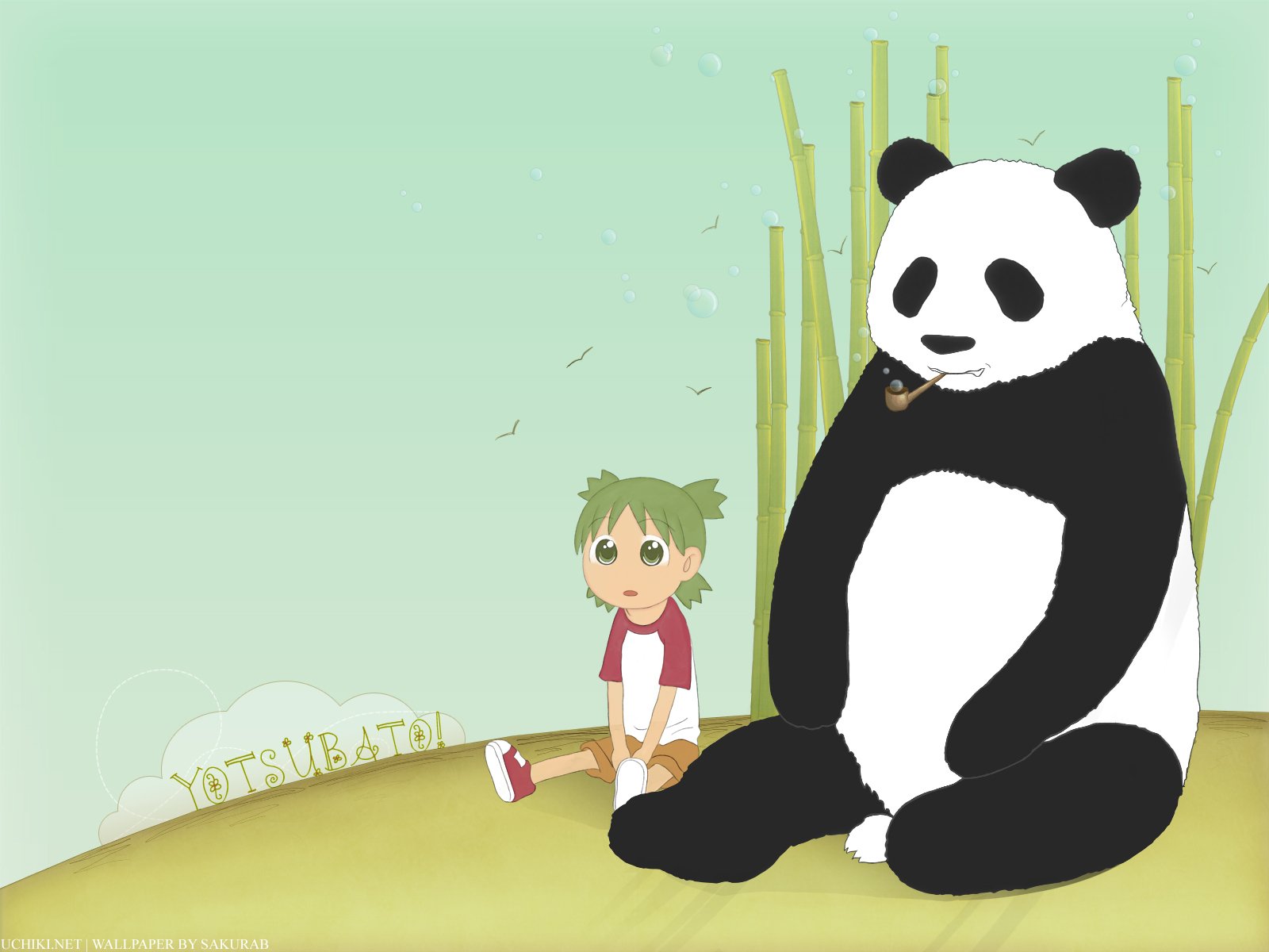 Yotsuba! anime HD PC desktop wallpaper/background: Yotsuba sitting on a grassy hill beside a large panda, bamboo stalks and a pale green sky behind them.