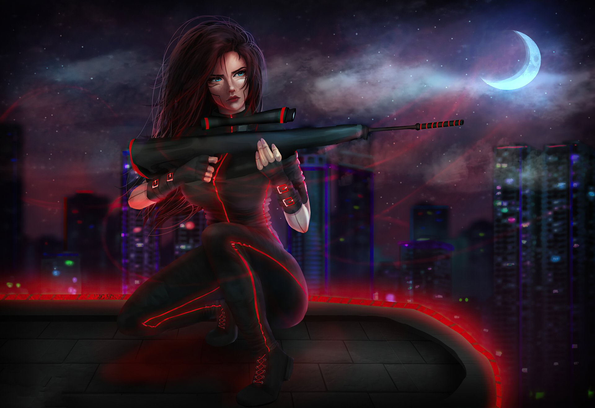 Download Futuristic Night Weapon Woman Warrior Sci Fi Cyberpunk 4k Ultra Hd Wallpaper By Miso 