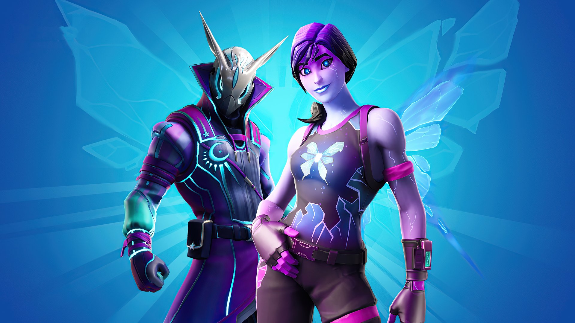 Vibrant 4K Ultra HD Fortnite wallpaper featuring two stylized characters with glowing blue and purple hues against a dynamic energy-filled background.