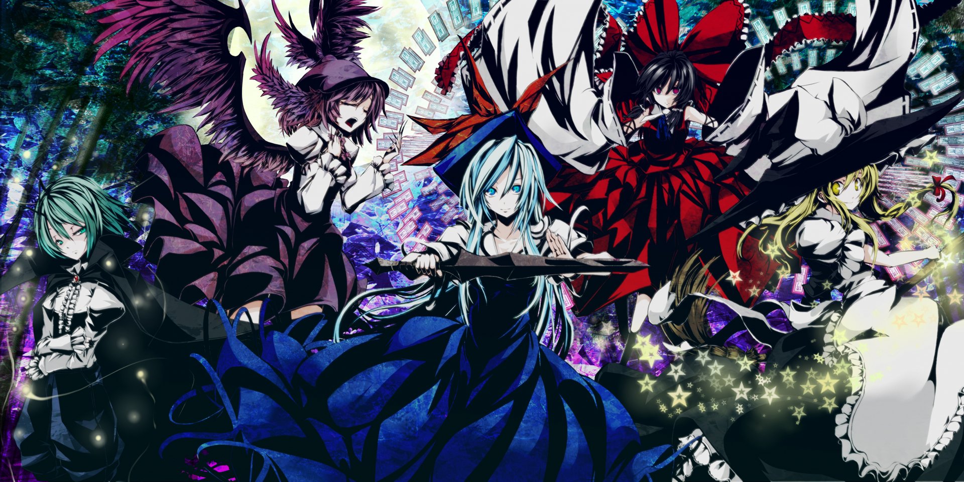 HD anime desktop wallpaper featuring Wriggle Nightbug, Mystia Lorelei, Marisa Kirisame, and Reimu Hakurei from Touhou in a dynamic, vibrant scene.