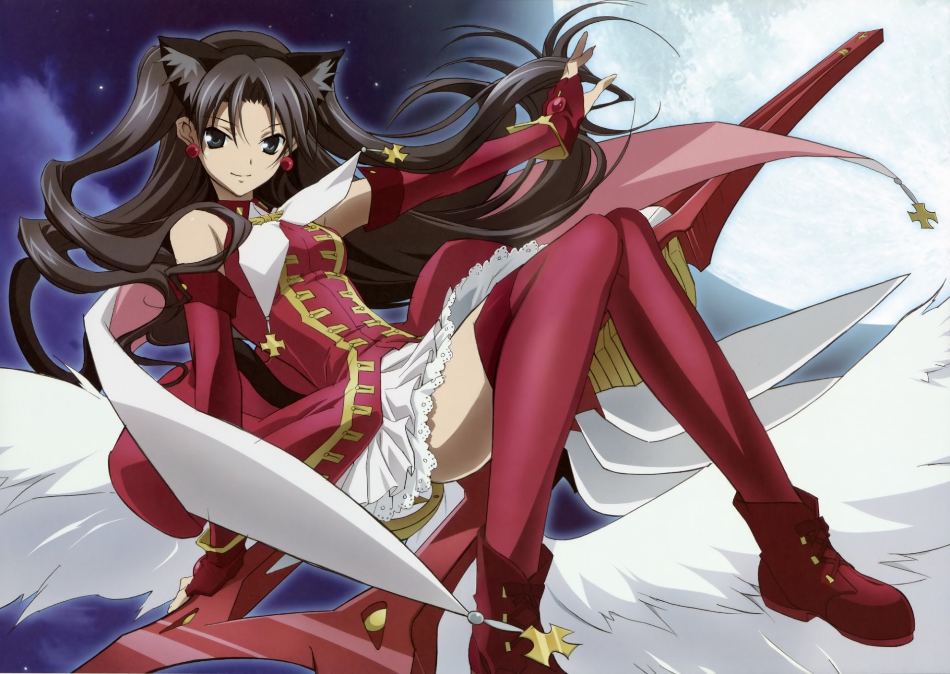 HD PC desktop wallpaper featuring Rin Tohsaka from the anime Fate/Stay Night, showcasing her dynamic pose against a celestial backdrop.