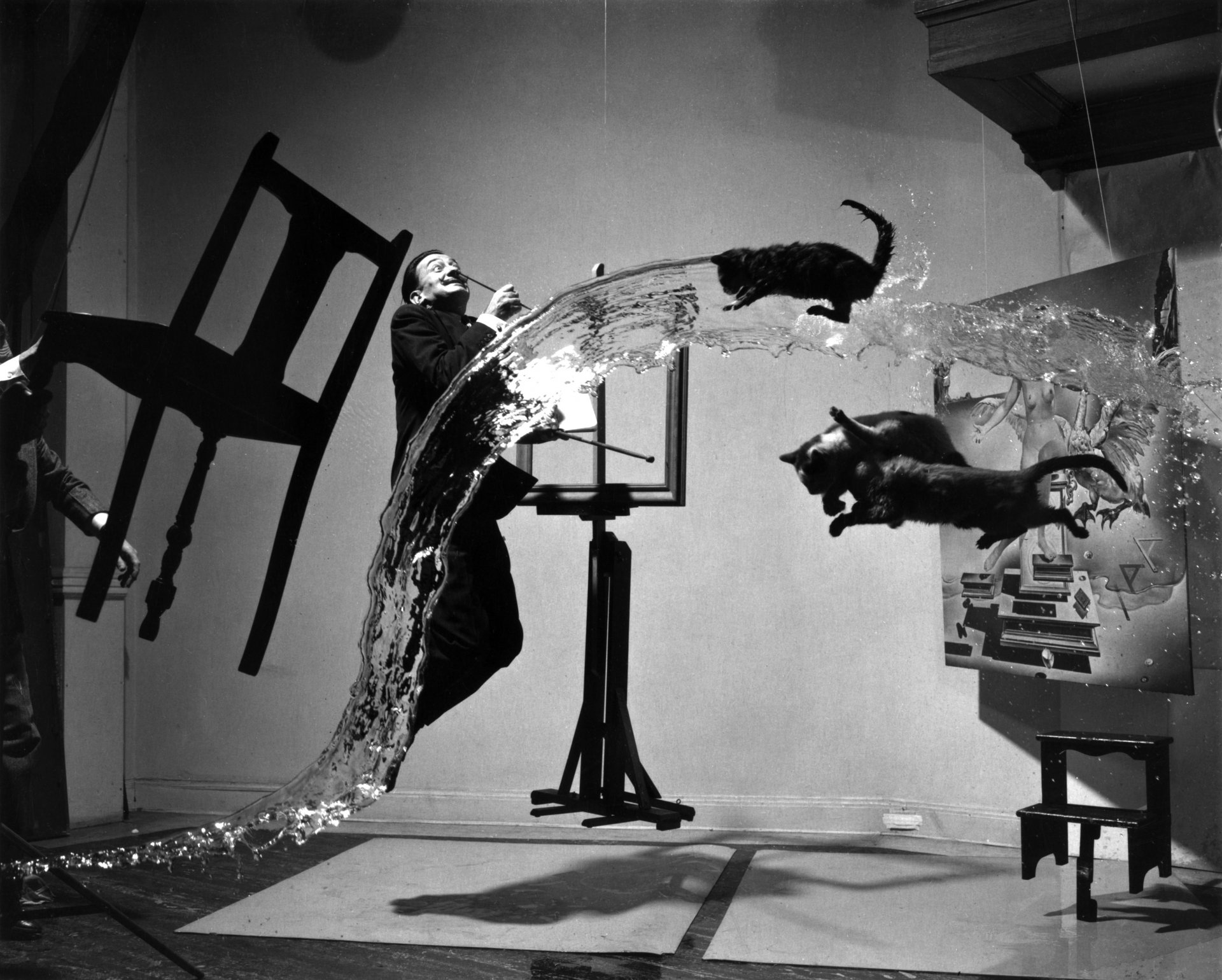 Artistic black and white image featuring a dynamic scene with a figure creating an imaginative spray of water, accompanied by two leaping cats. This HD wallpaper adds a unique touch to any desktop.