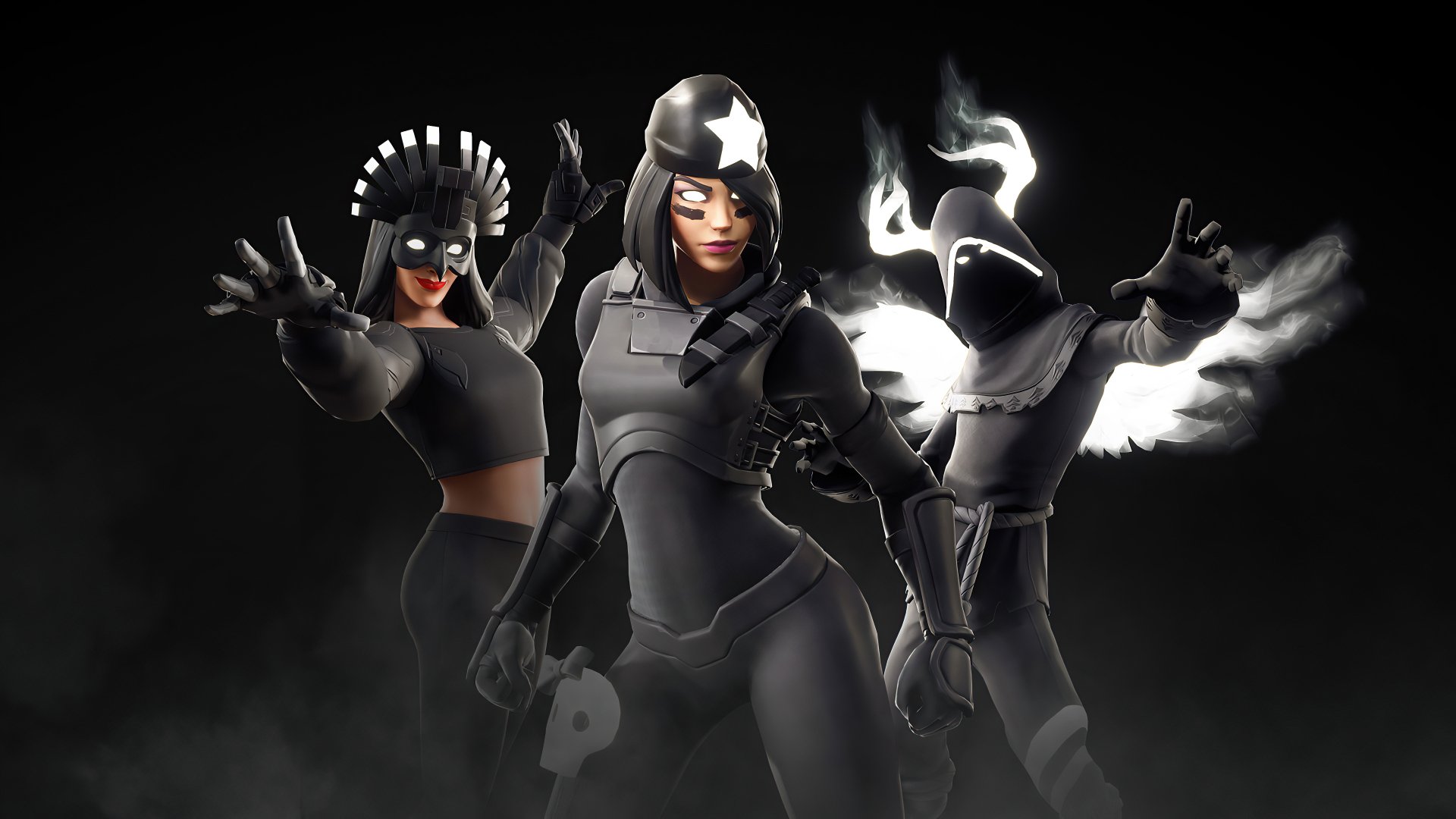 Fortnite characters in dynamic poses with dark, smoky effects, featured in a 4K Ultra HD PC desktop wallpaper and background from the popular video game.