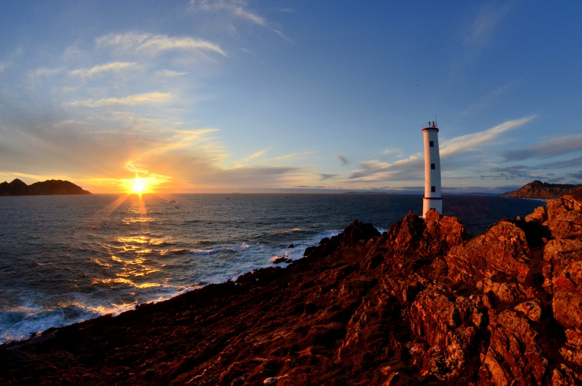 Download Galicia Spain Sunset Sea Man Made Lighthouse 4k Ultra HD Wallpaper