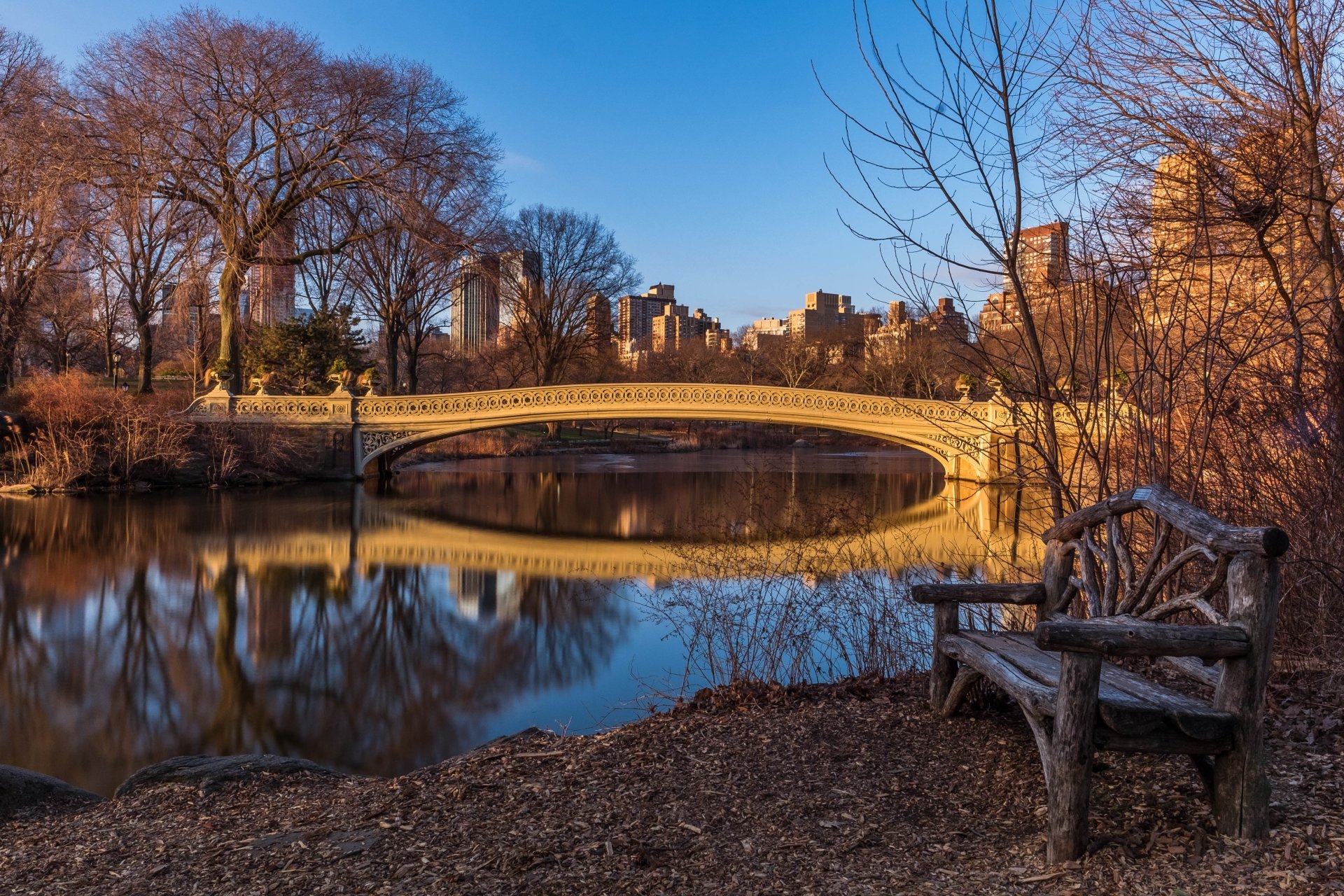 Download Bow Bridge Pond Bench USA New York Bridge Man Made 4k Ultra HD Wallpaper